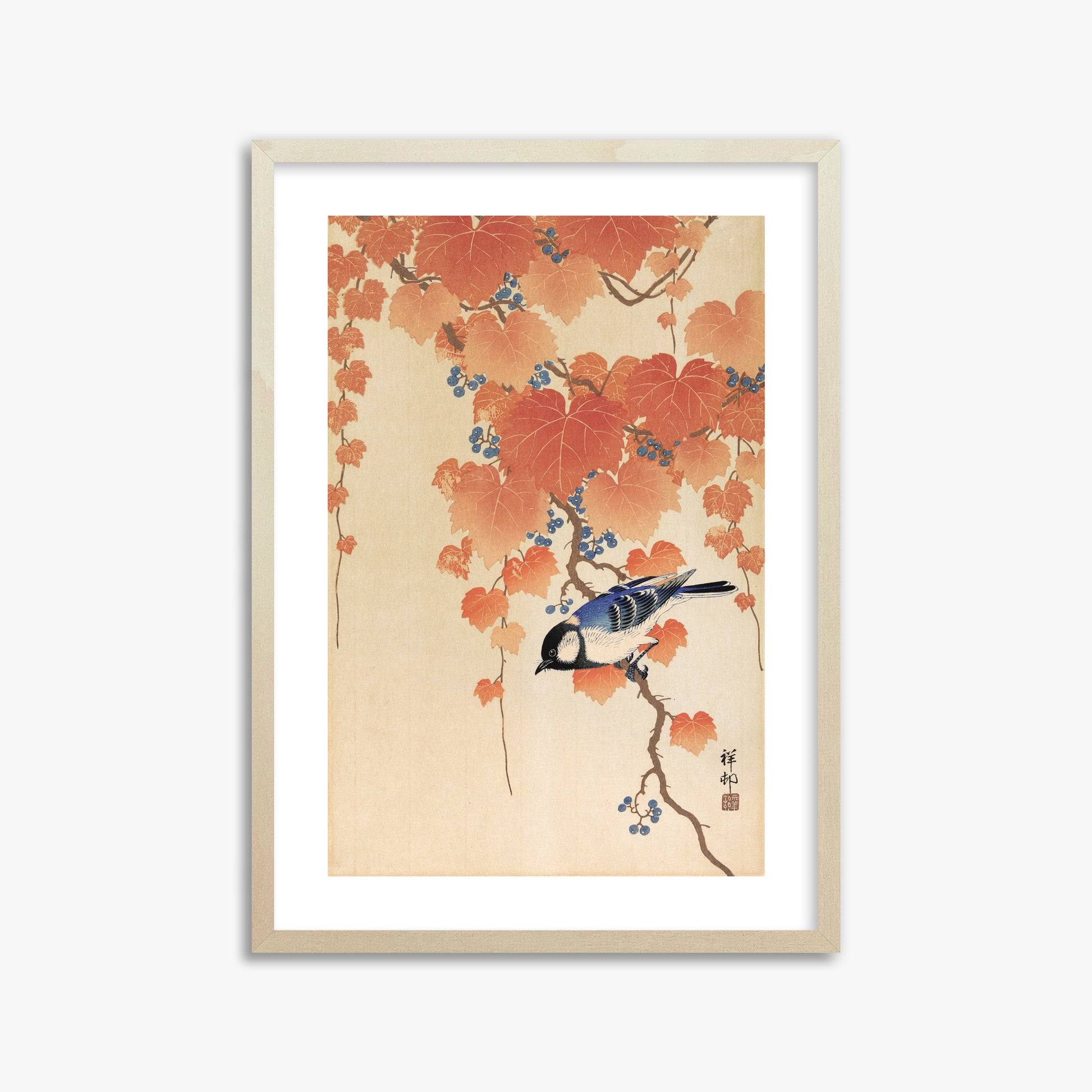 Ohara Koson: Great tit on paulownia branch, 50x70cm Framed Art Reproduction With Lime Wood Frame
