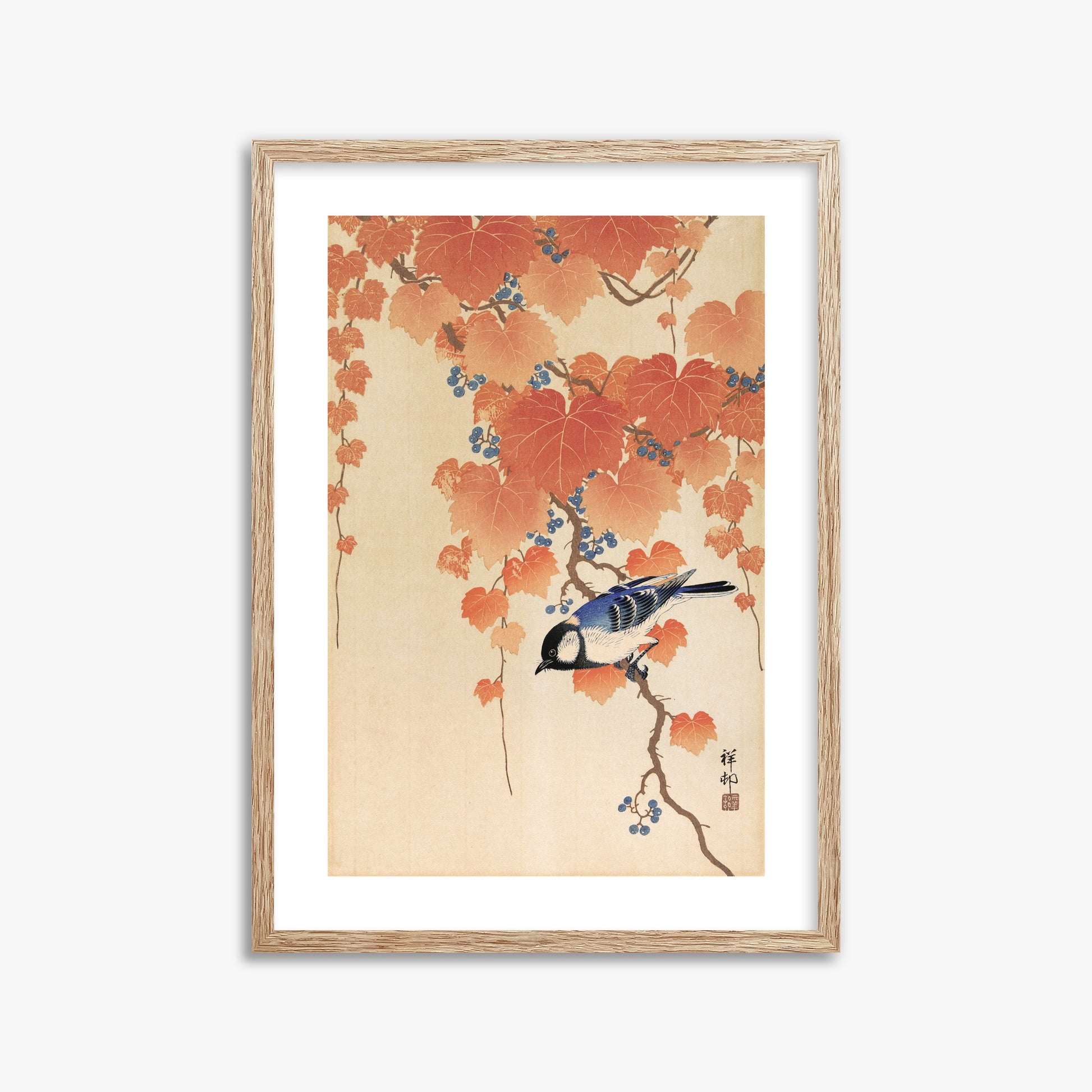 Ohara Koson: Great tit on paulownia branch, 50x70cm Framed Art Reproduction With Raw Oak Frame