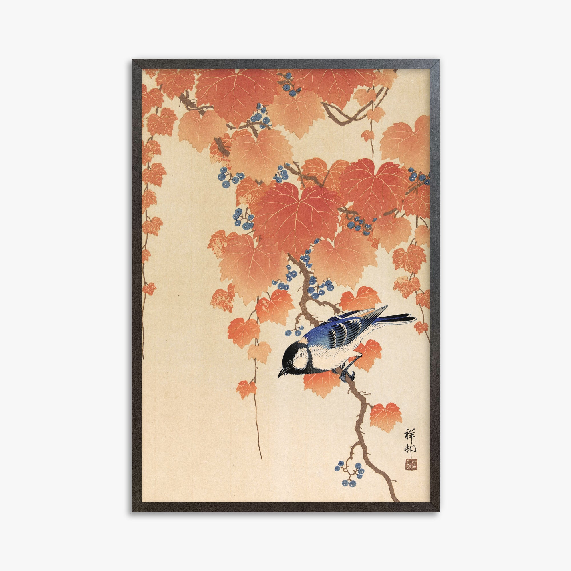 Ohara Koson: Great tit on paulownia branch, 61x91cm Framed Art Reproduction With Espresso Frame