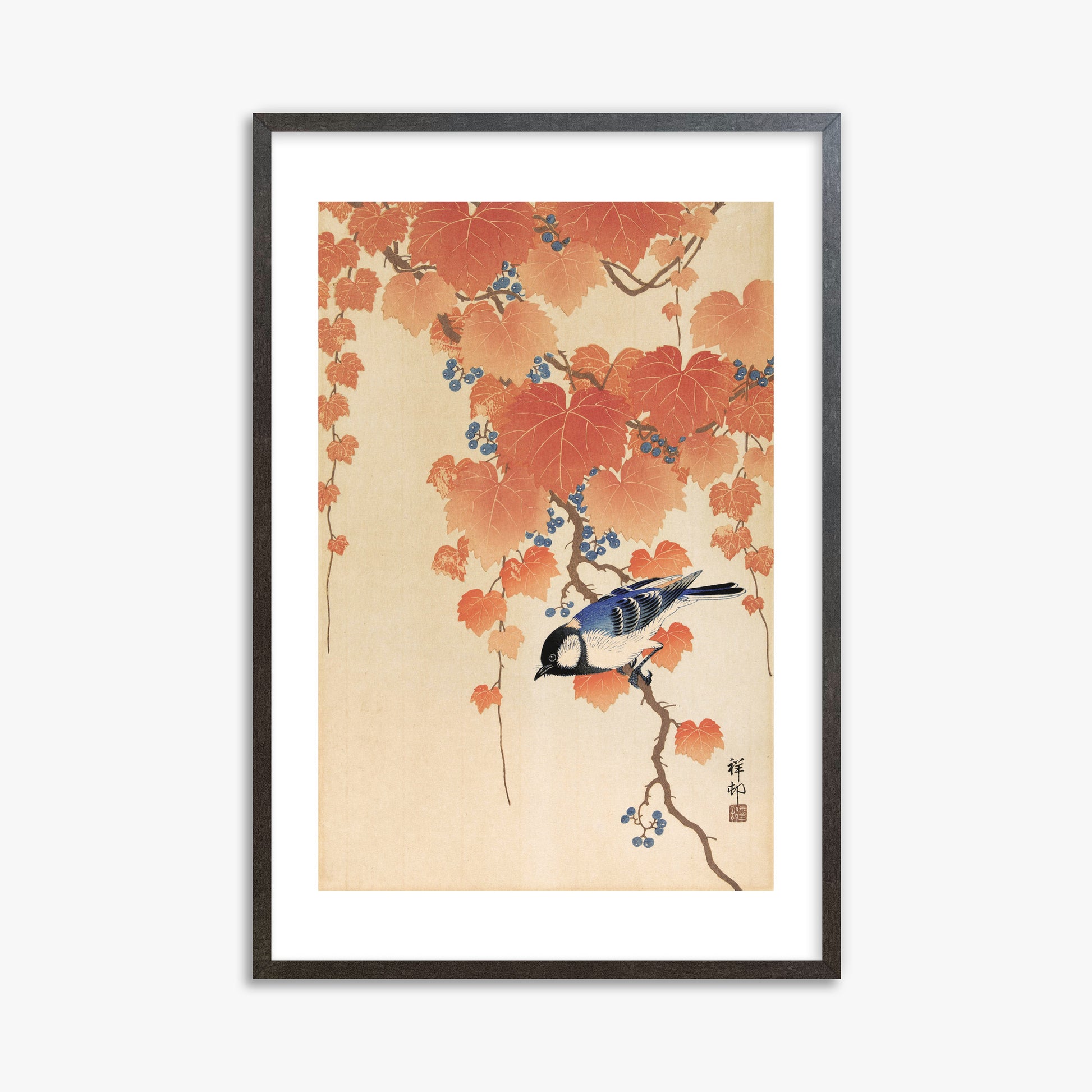 Ohara Koson: Great tit on paulownia branch, 61x91cm Framed Art Reproduction With Espresso Frame