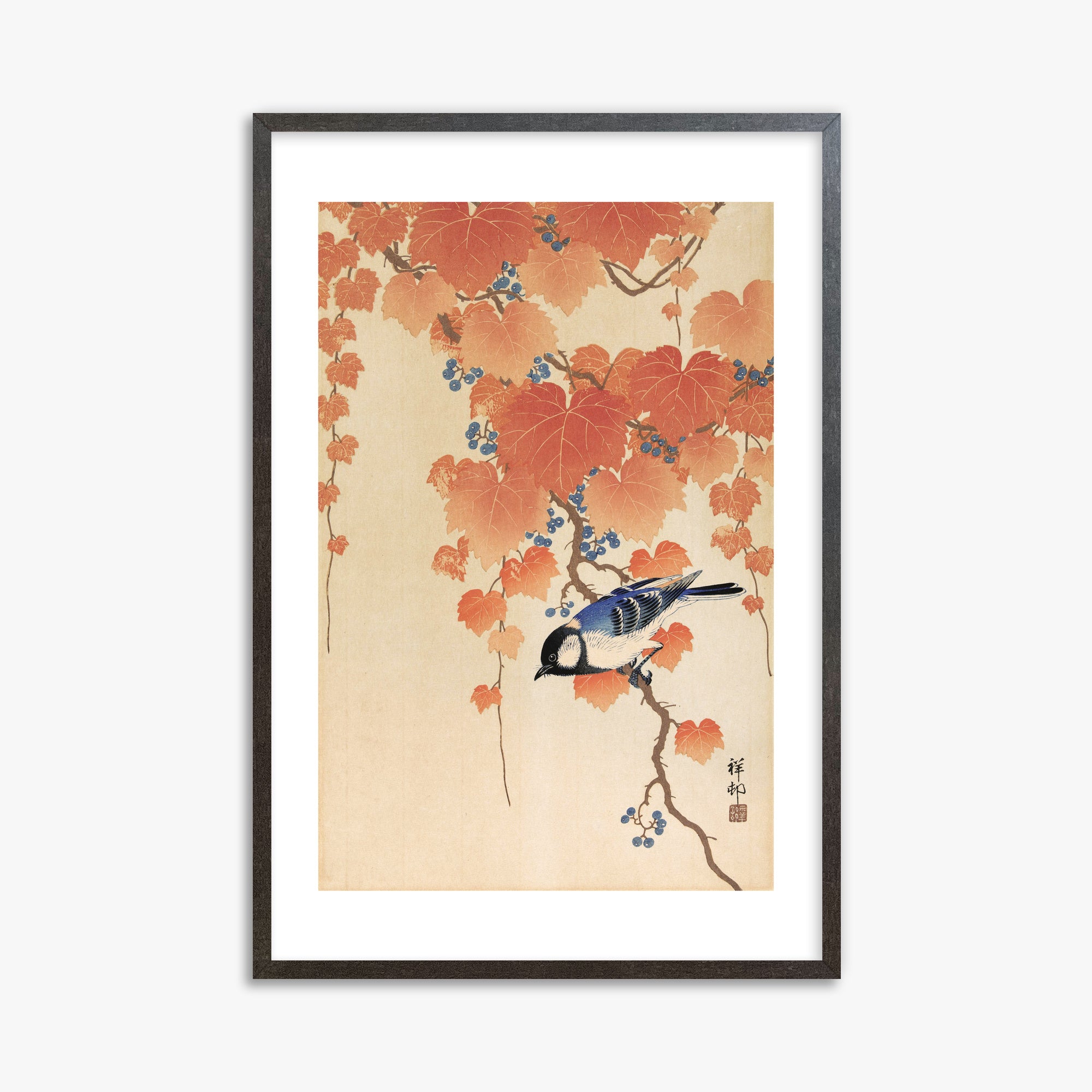 Ohara Koson: Great tit on paulownia branch, 61x91cm Framed Art Reproduction With Espresso Frame