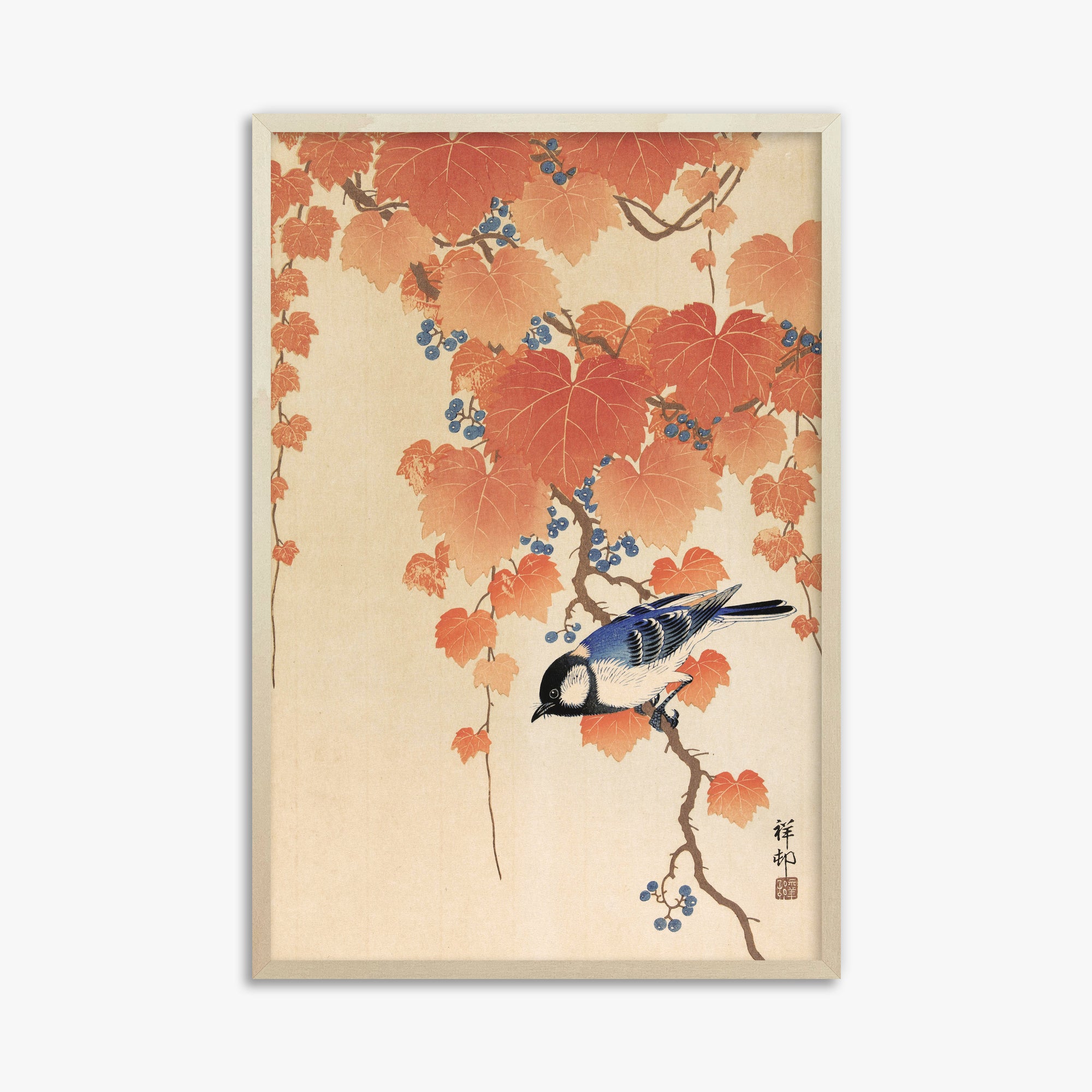 Ohara Koson: Great tit on paulownia branch, 61x91cm Framed Art Reproduction With Lime Wood Frame