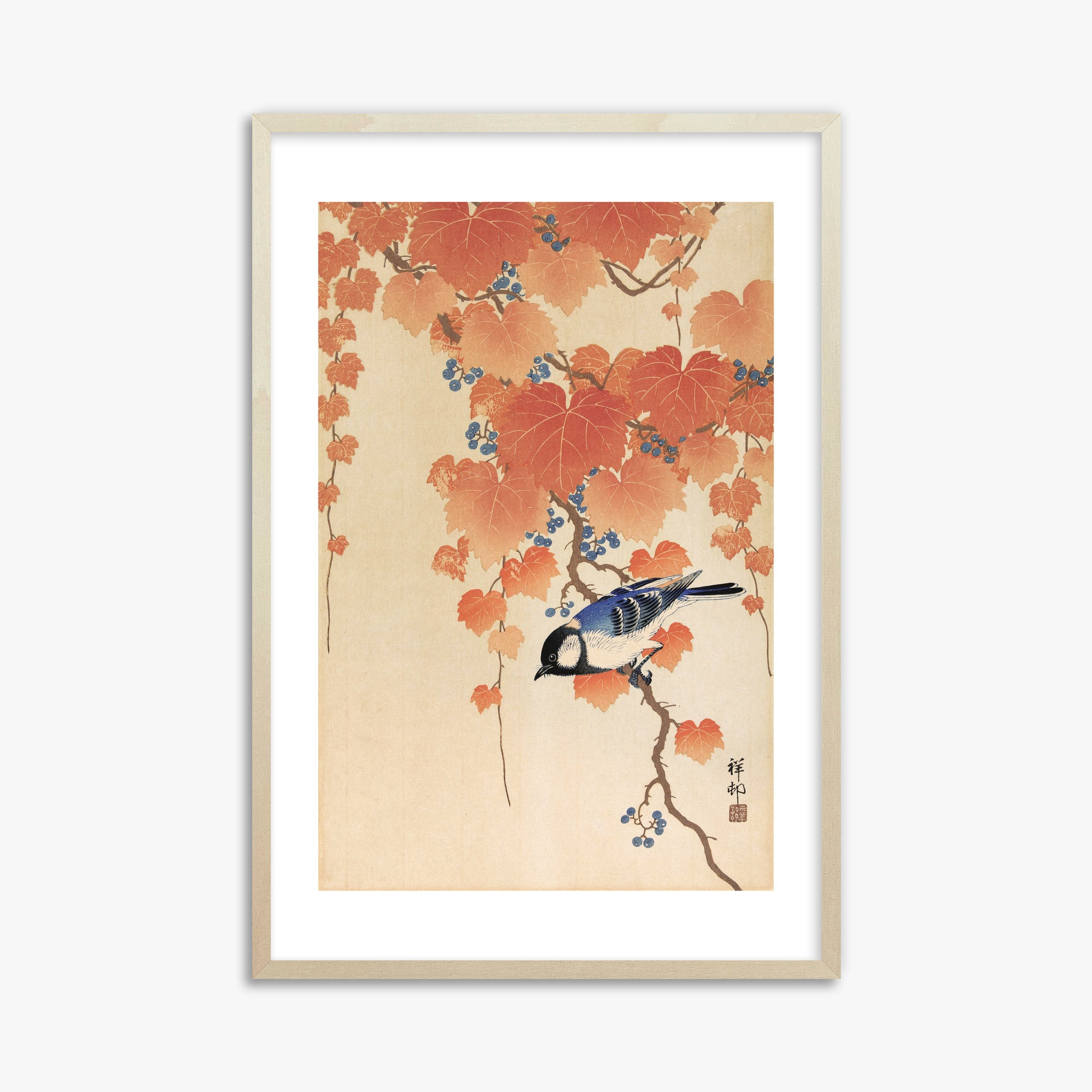 Ohara Koson: Great tit on paulownia branch, 61x91cm Framed Art Reproduction With Lime Wood Frame