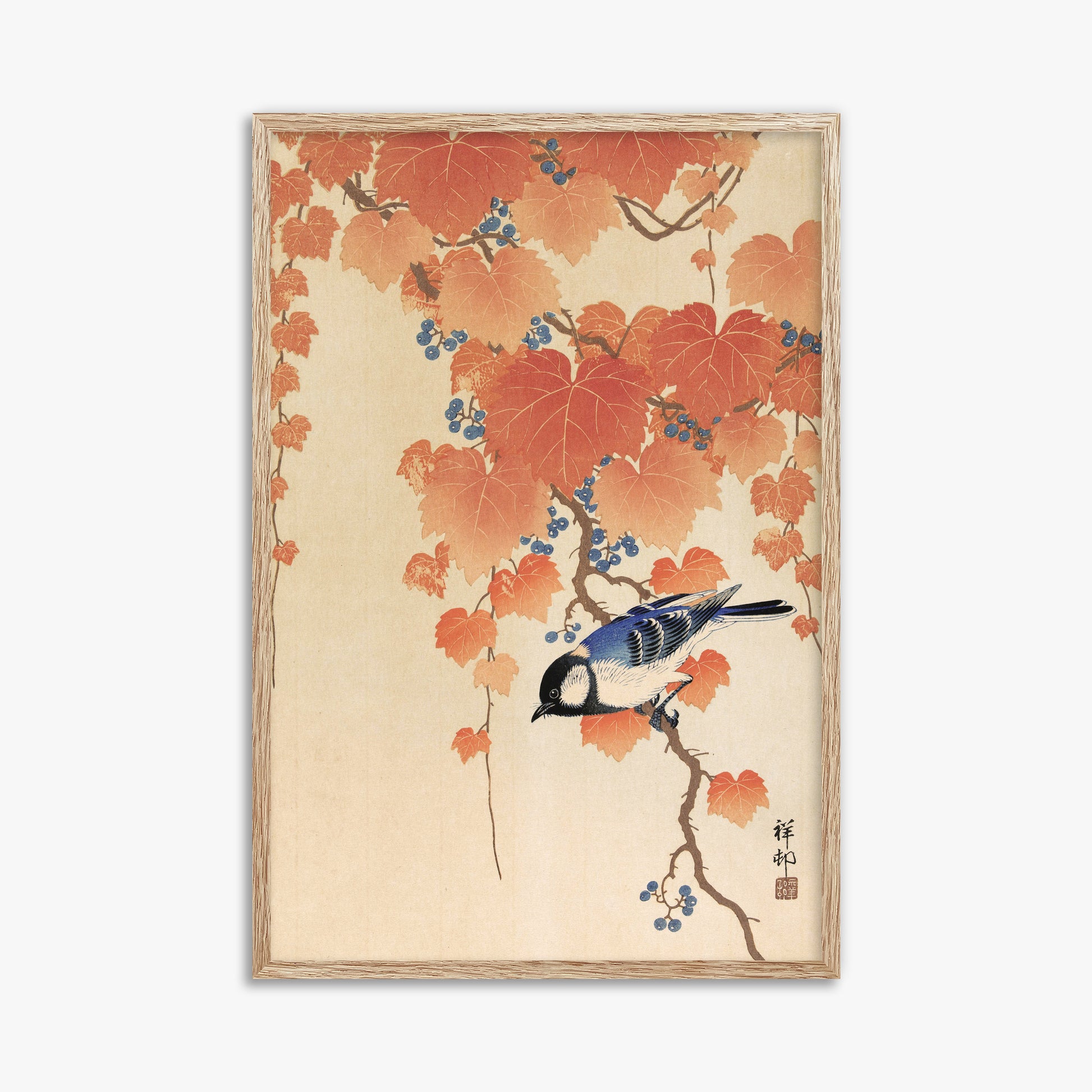 Ohara Koson: Great tit on paulownia branch, 61x91cm Framed Art Reproduction With Raw Oak Frame