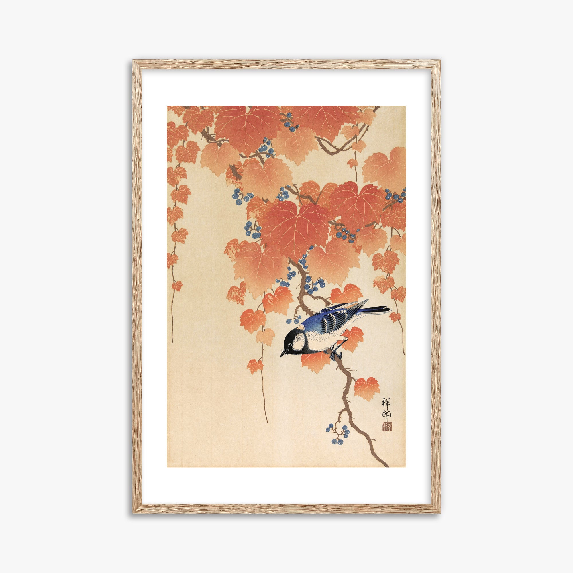 Ohara Koson: Great tit on paulownia branch, 61x91cm Framed Art Reproduction With Raw Oak Frame