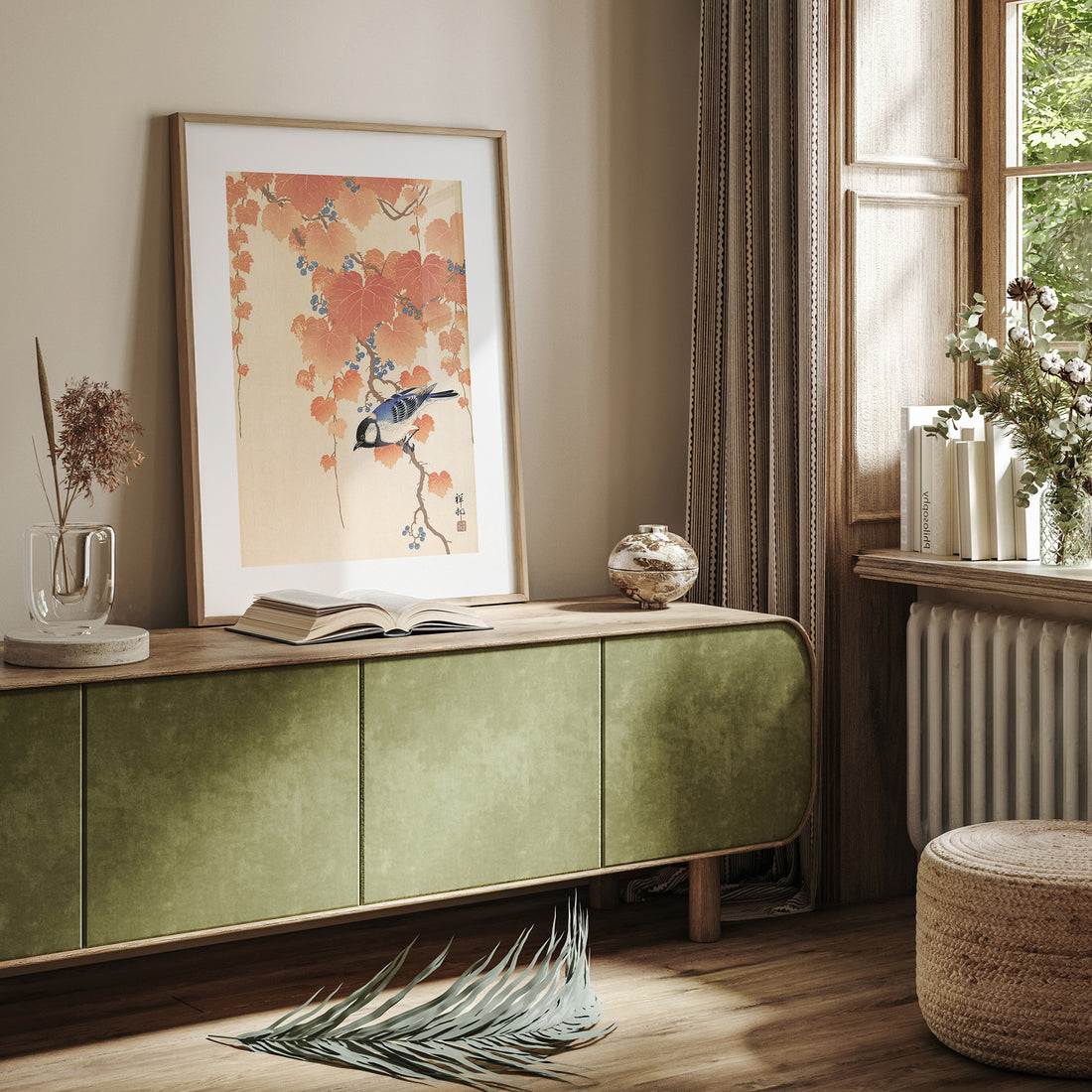 Ohara Koson: Great tit on paulownia branch, 50x70cm Framed Art Reproduction With Black Frame