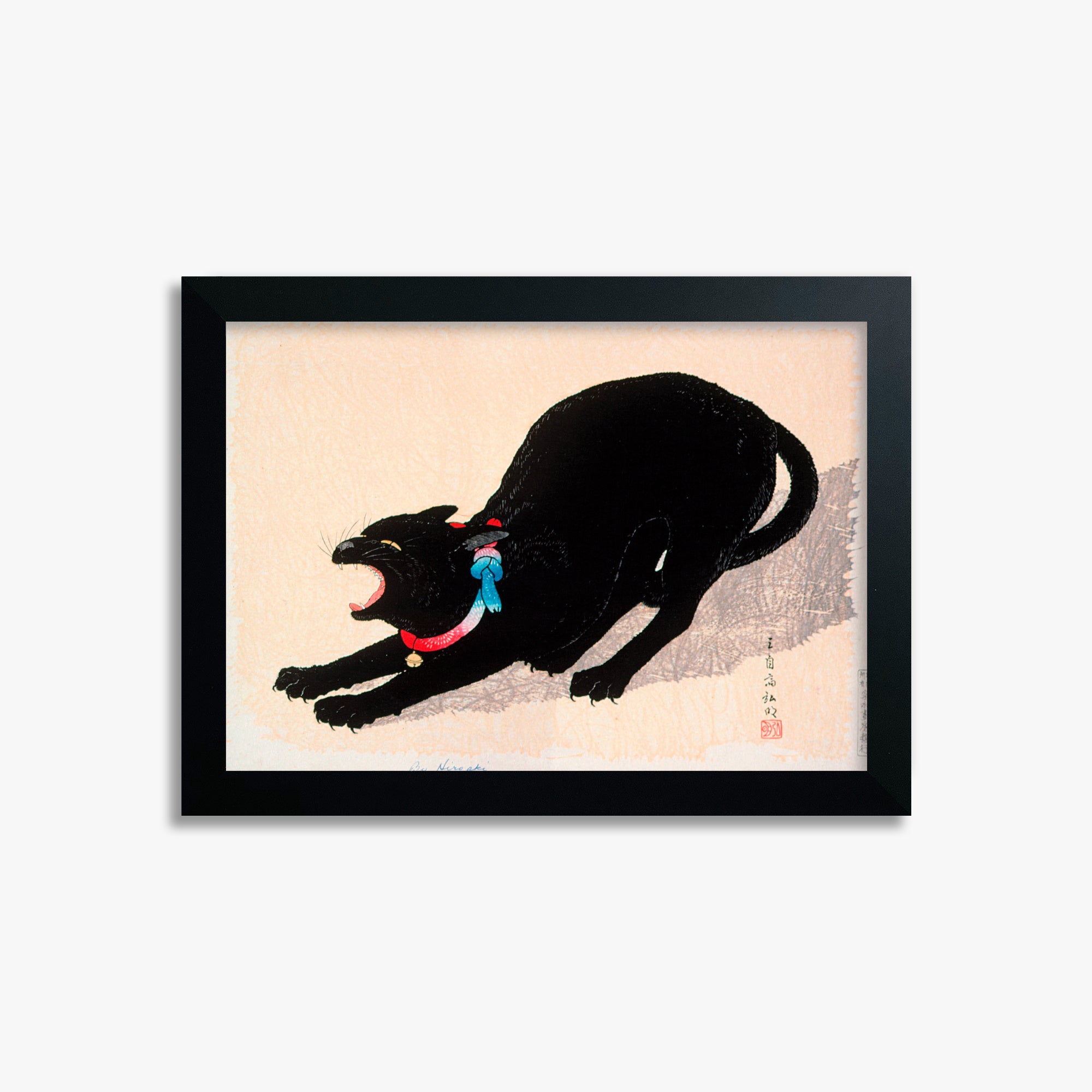 Takahashi Hiroaki (Shōtei): Black Cat Hissing, 21x30cm Framed Art Reproduction With Black Frame