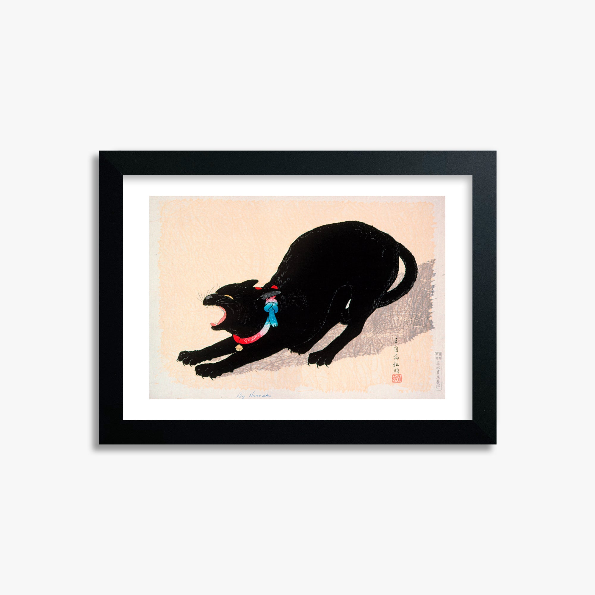 Takahashi Hiroaki (Shōtei): Black Cat Hissing, 21x30cm Framed Art Reproduction With Black Frame