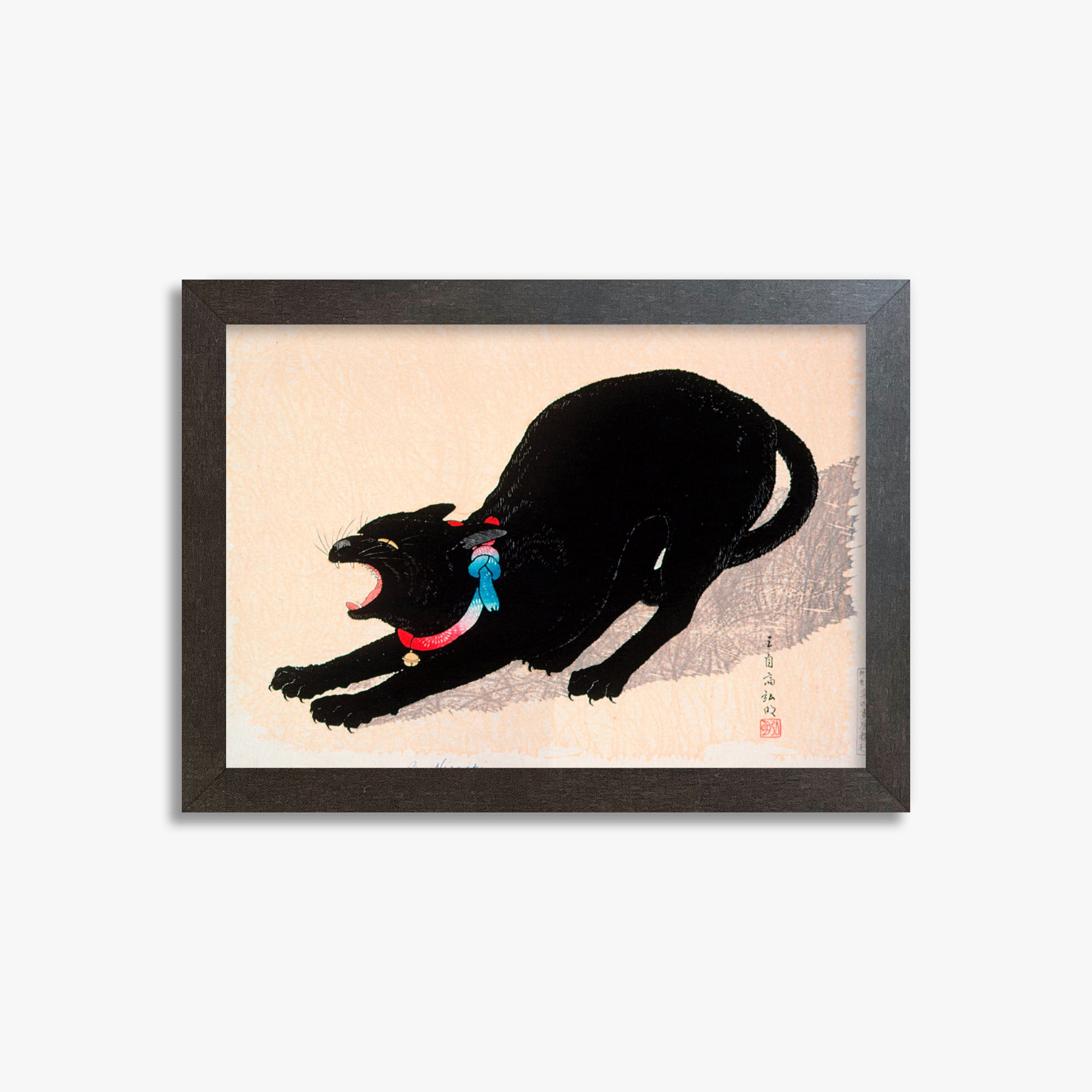 Takahashi Hiroaki (Shōtei): Black Cat Hissing, 21x30cm Framed Art Reproduction With Espresso Frame