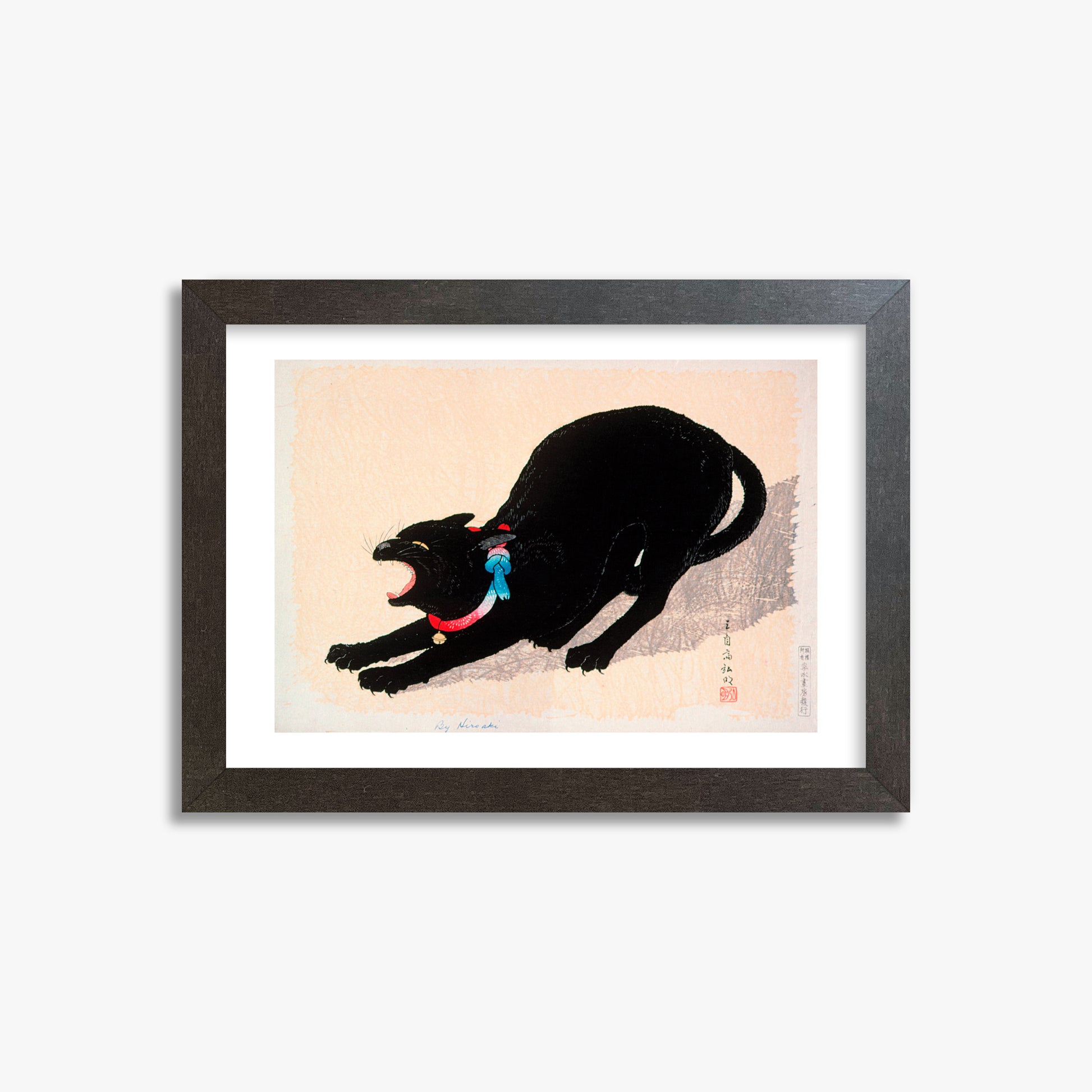 Takahashi Hiroaki (Shōtei): Black Cat Hissing, 21x30cm Framed Art Reproduction With Espresso Frame
