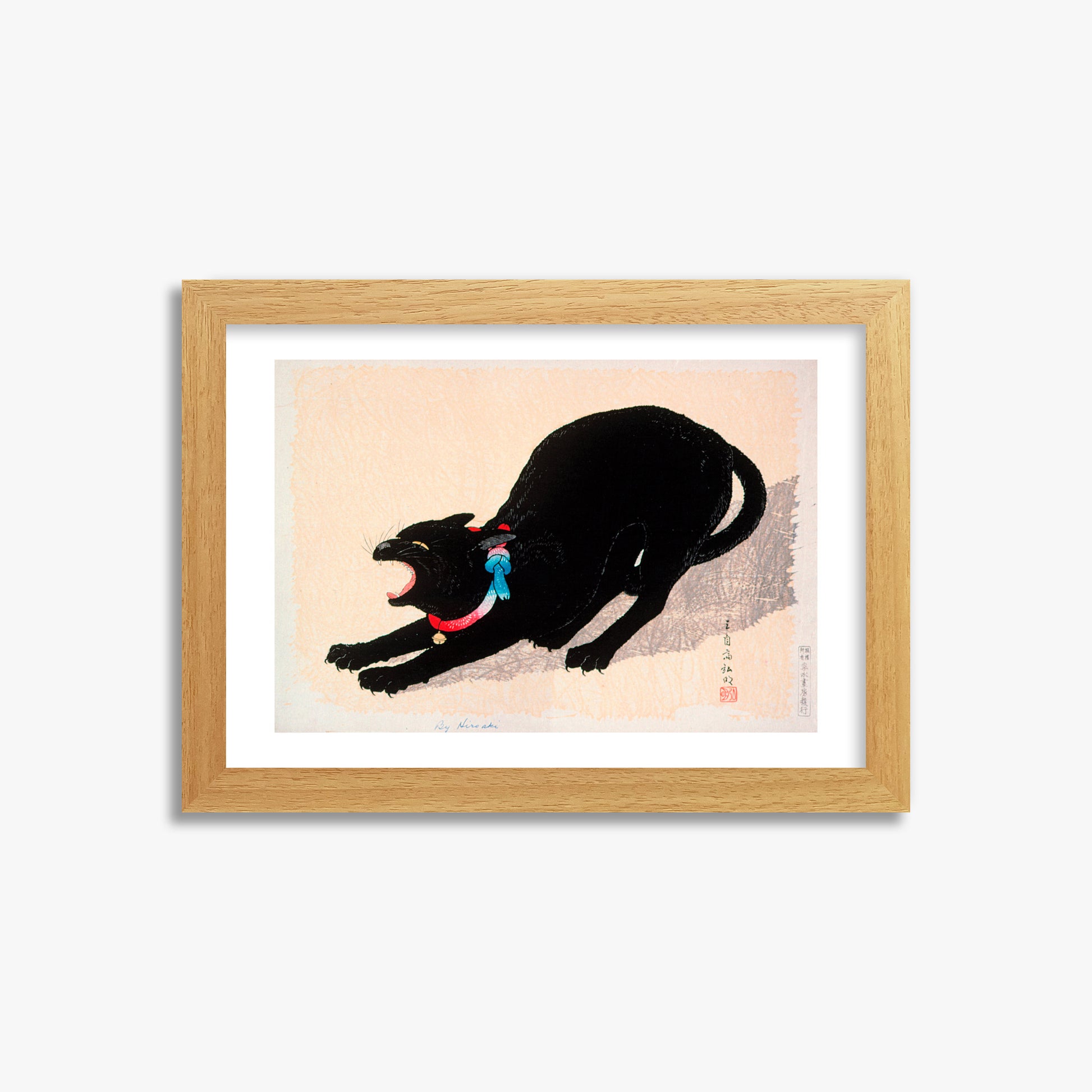 Takahashi Hiroaki (Shōtei): Black Cat Hissing, 21x30cm Framed Art Reproduction With Oak Frame