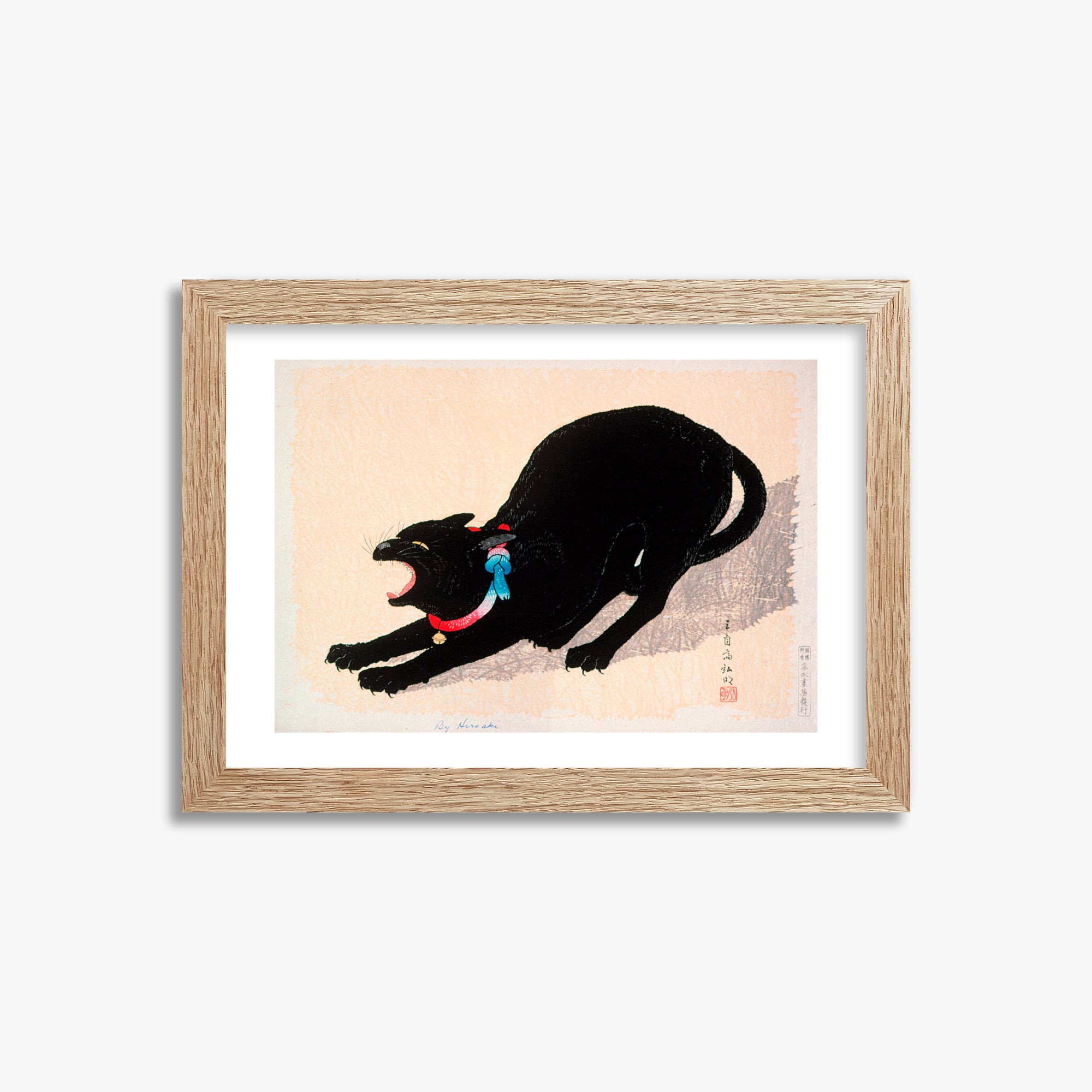 Takahashi Hiroaki (Shōtei): Black Cat Hissing, 21x30cm Framed Art Reproduction With Raw Oak Frame