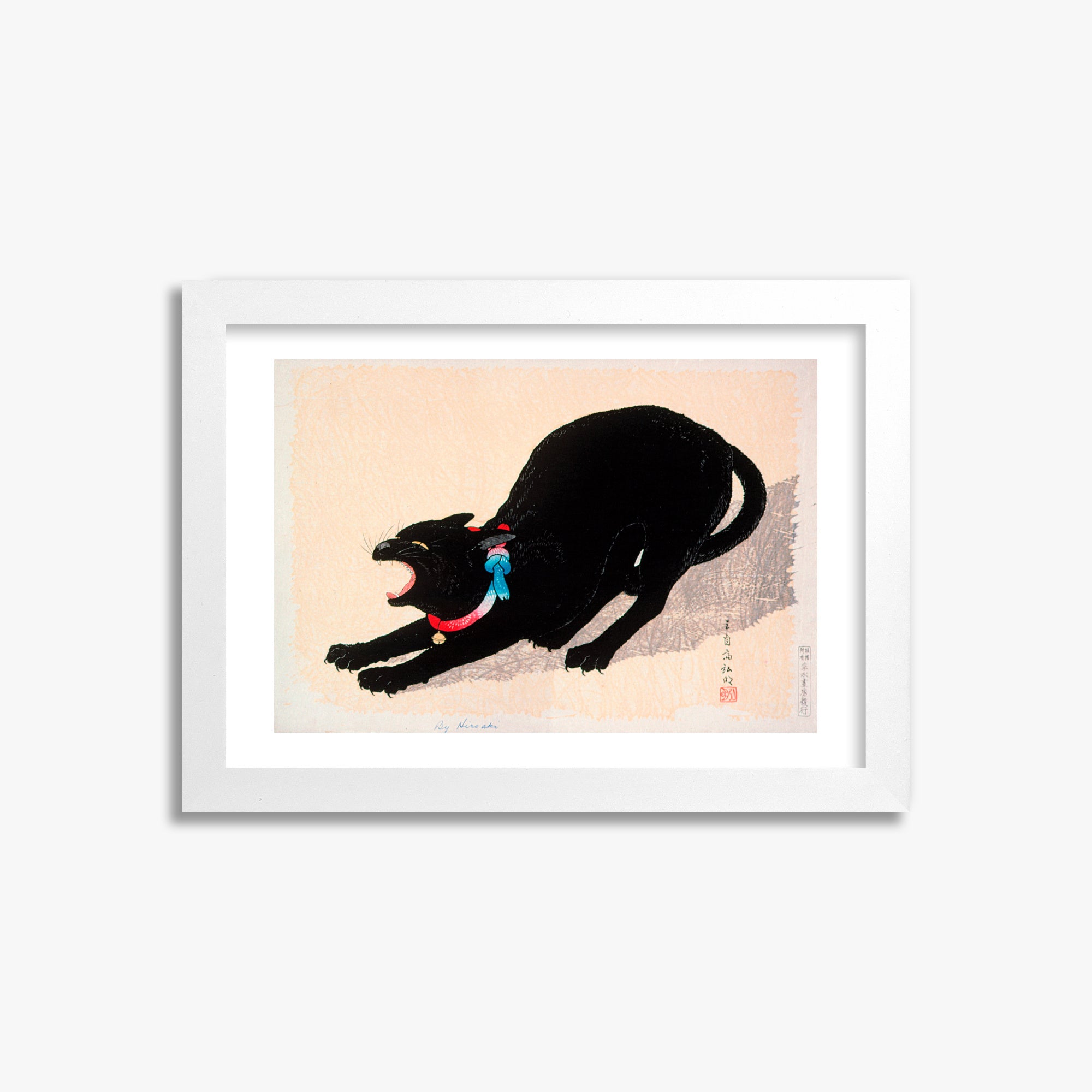 Takahashi Hiroaki (Shōtei): Black Cat Hissing, 21x30cm Framed Art Reproduction With White Frame