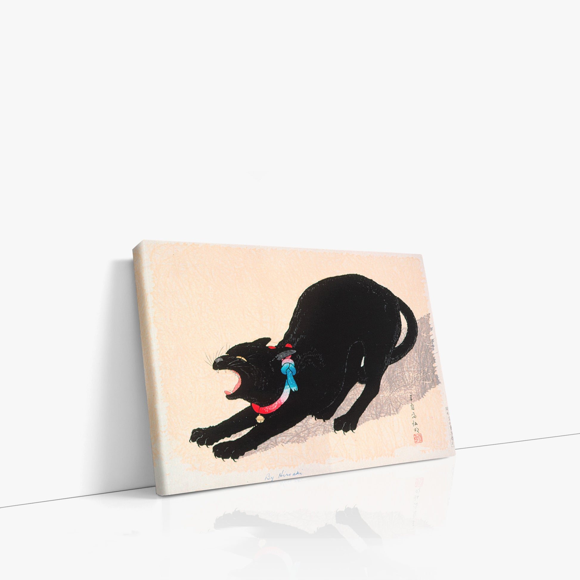 Takahashi Hiroaki (Shōtei): Black Cat Hissing, 30x21cm Satin Canvas Art Reproduction Left Angle