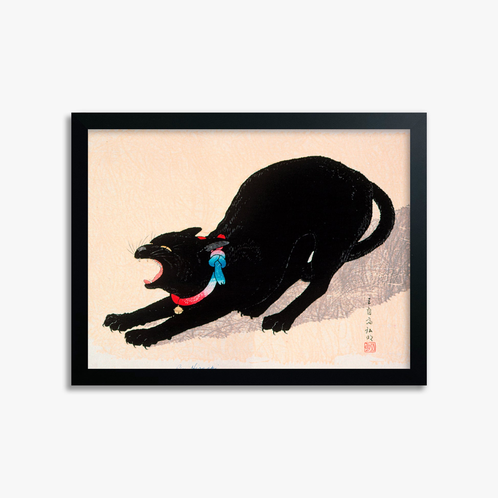 Takahashi Hiroaki (Shōtei): Black Cat Hissing, 30x40cm Framed Art Reproduction With Black Frame