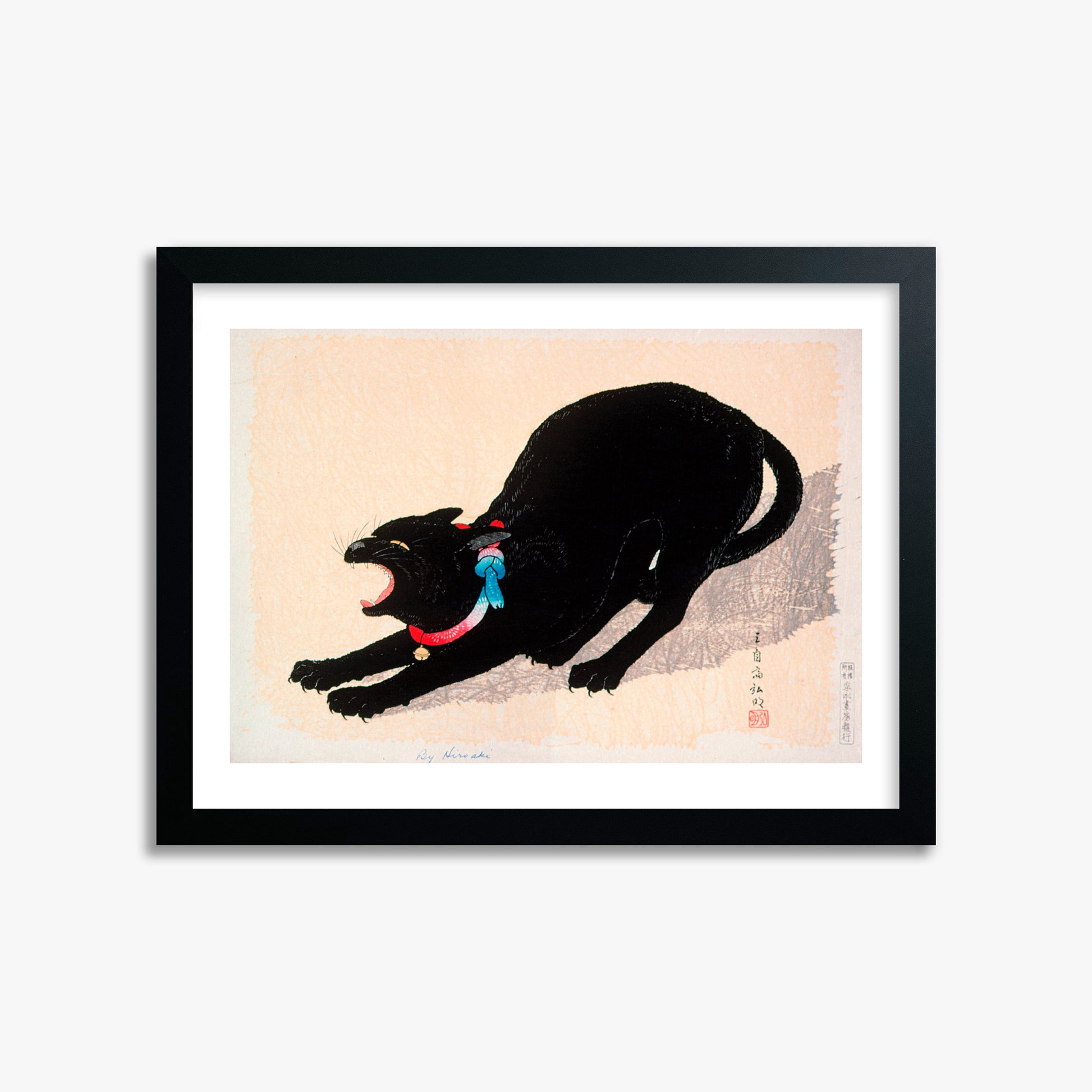 Takahashi Hiroaki (Shōtei): Black Cat Hissing, 30x40cm Framed Art Reproduction With Black Frame