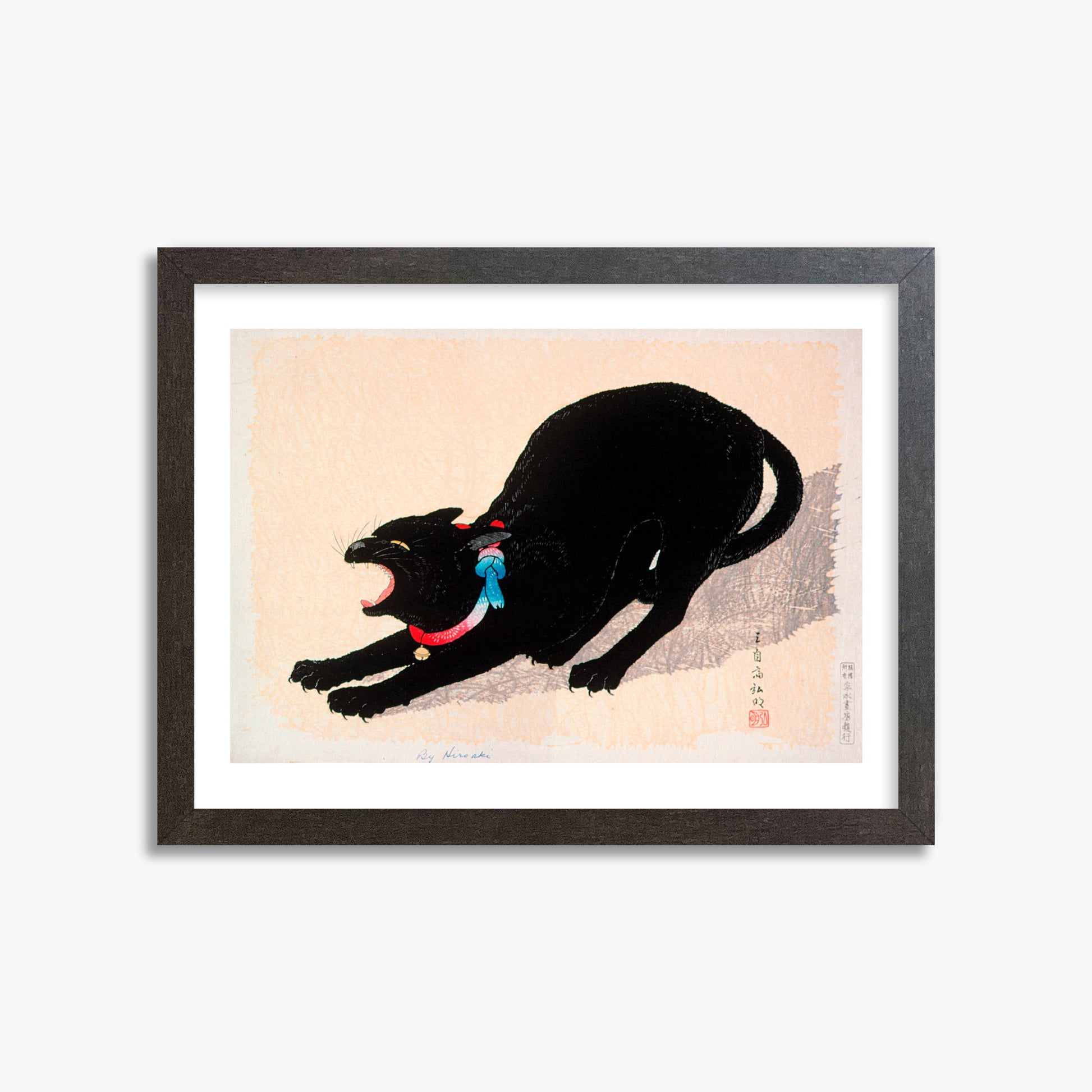 Takahashi Hiroaki (Shōtei): Black Cat Hissing, 30x40cm Framed Art Reproduction With Espresso Frame