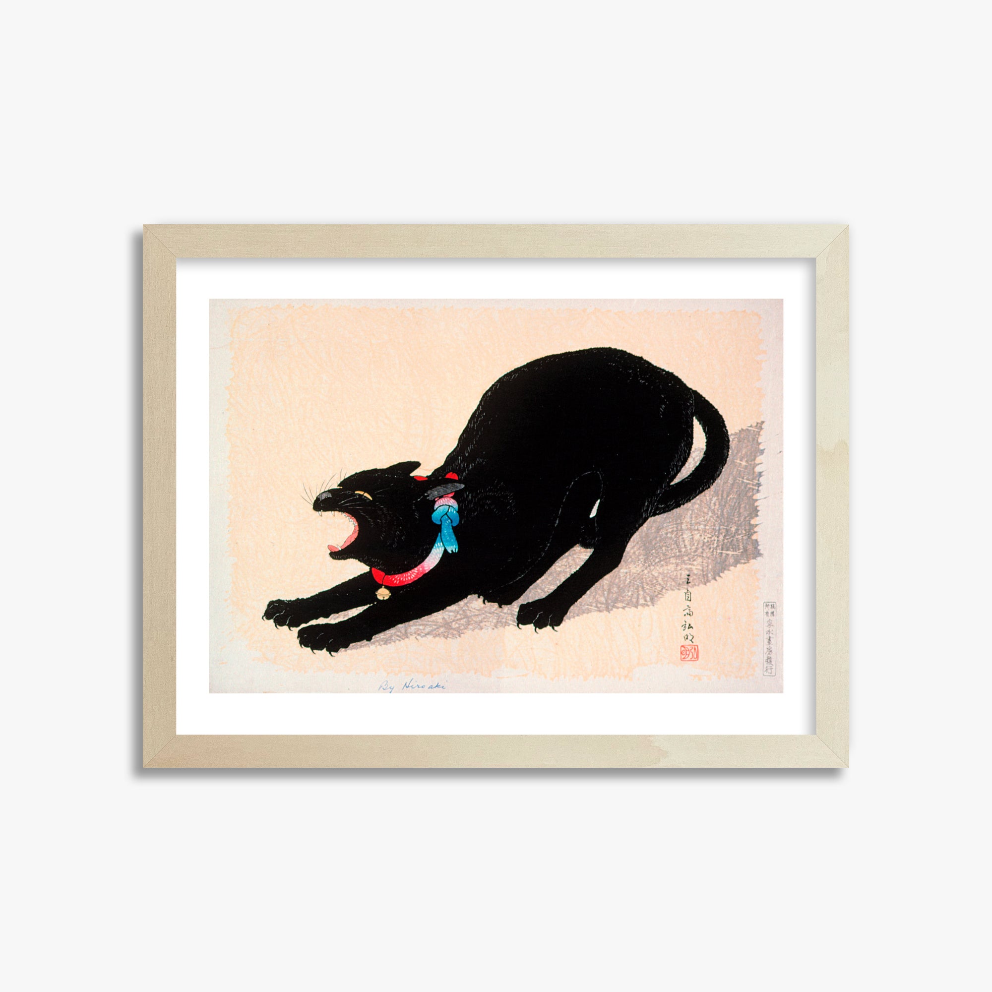 Takahashi Hiroaki (Shōtei): Black Cat Hissing, 30x40cm Framed Art Reproduction With Lime Wood Frame