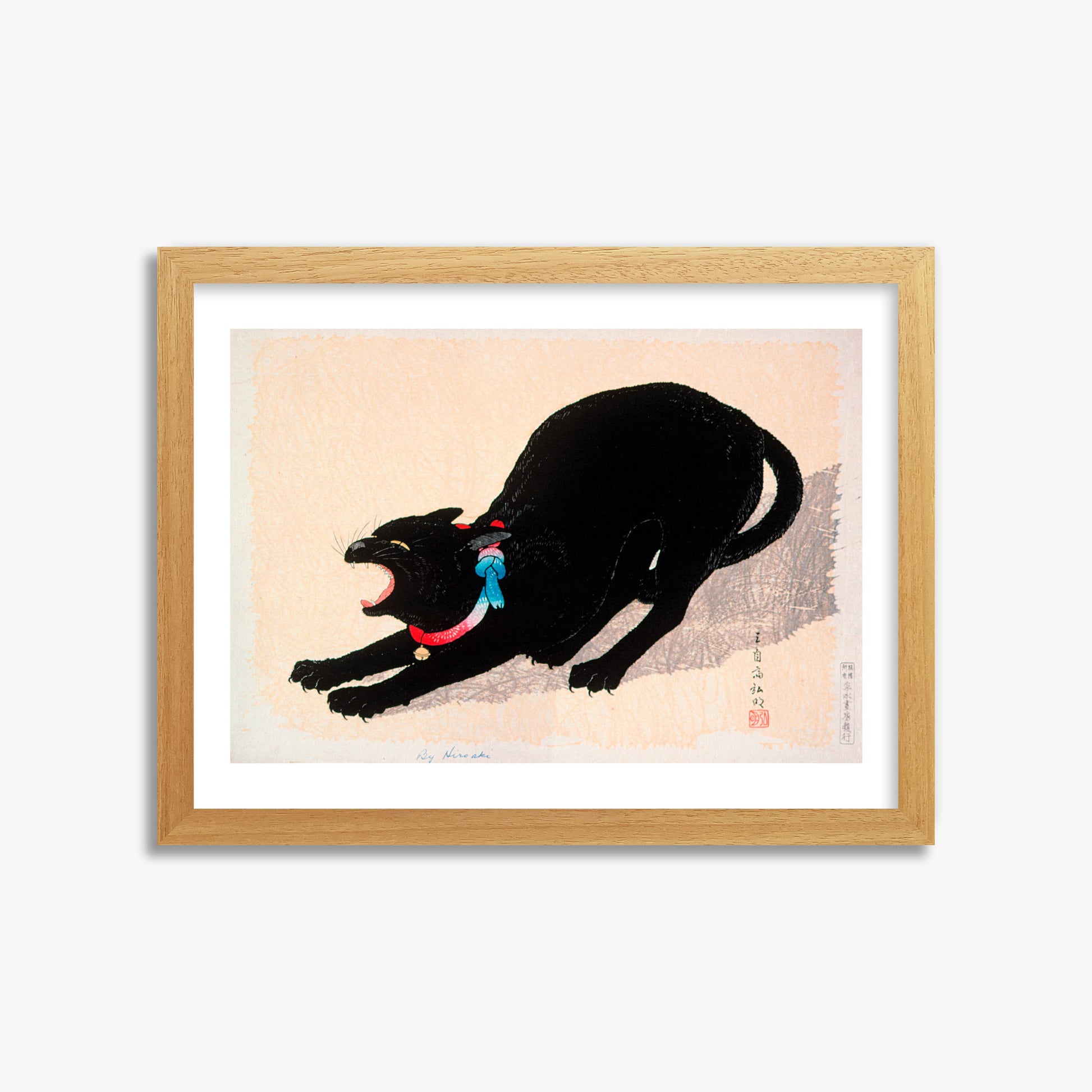 Takahashi Hiroaki (Shōtei): Black Cat Hissing, 30x40cm Framed Art Reproduction With Oak Frame