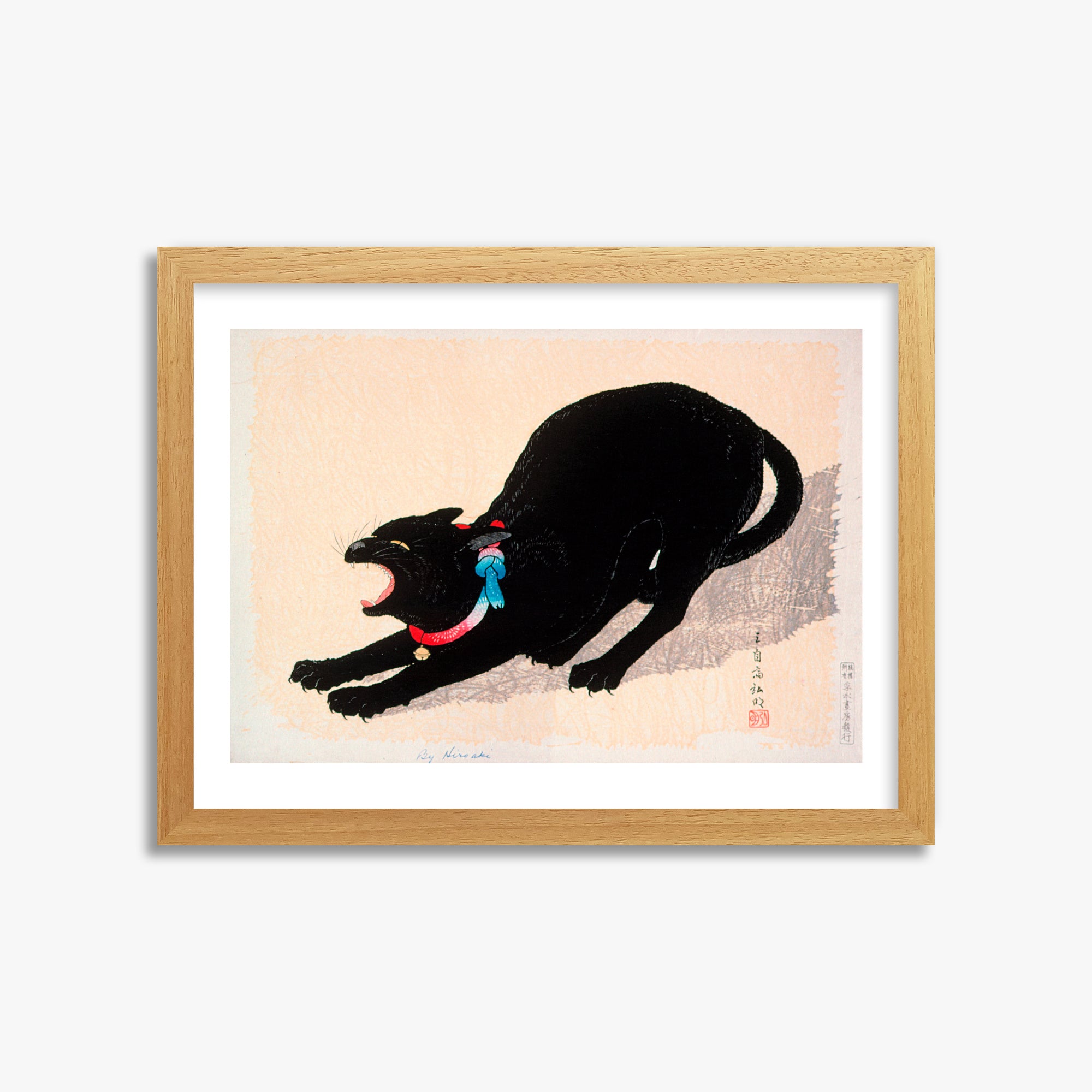 Takahashi Hiroaki (Shōtei): Black Cat Hissing, 30x40cm Framed Art Reproduction With Oak Frame
