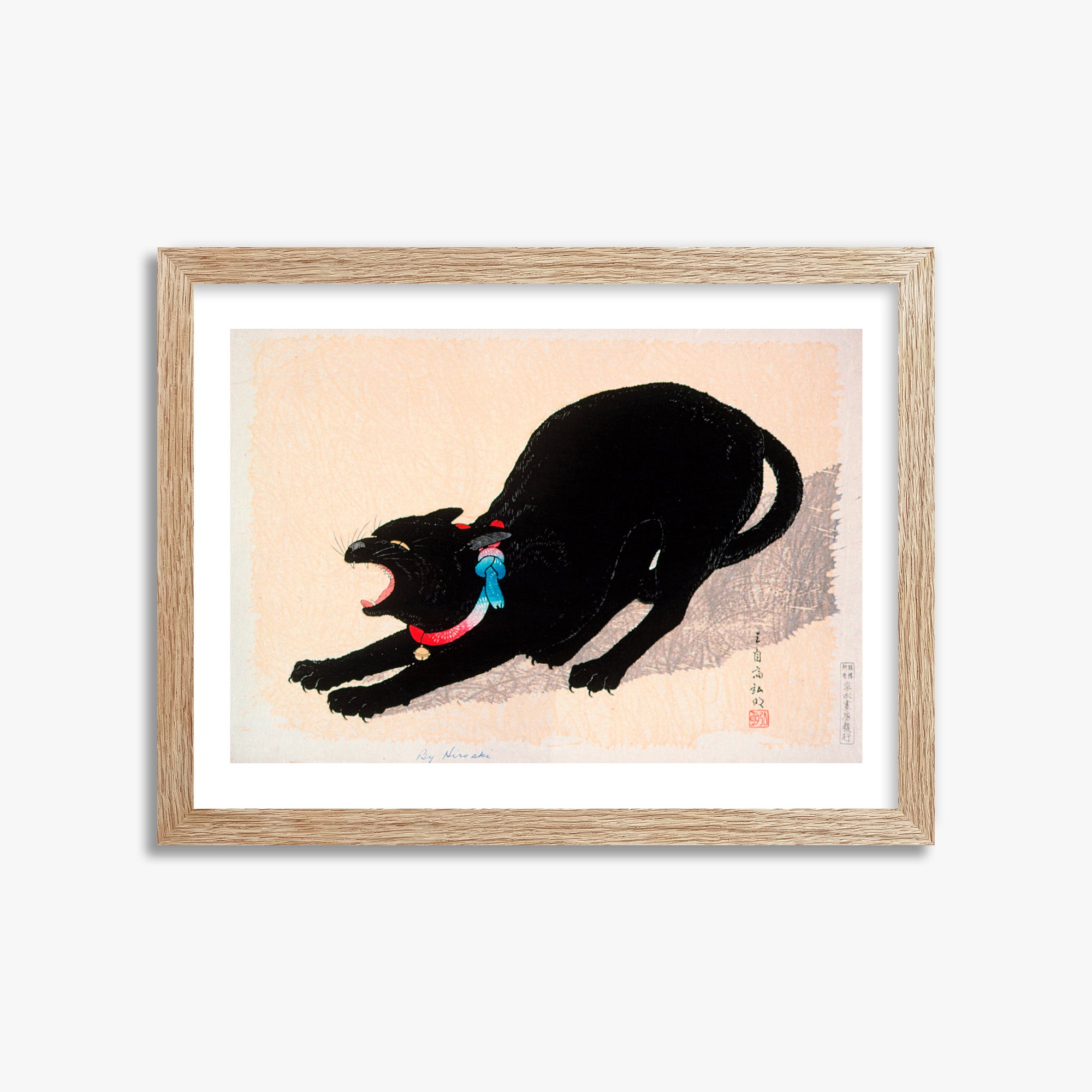 Takahashi Hiroaki (Shōtei): Black Cat Hissing, 30x40cm Framed Art Reproduction With Raw Oak Frame