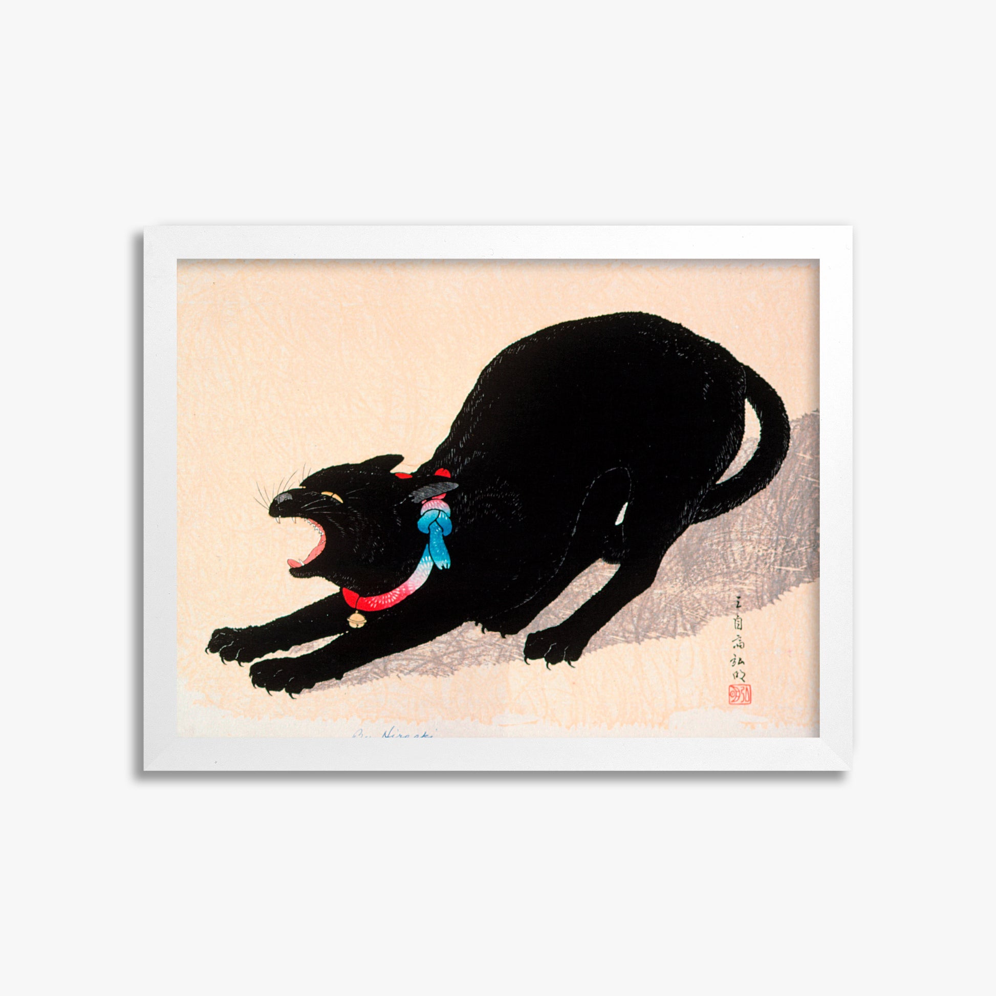 Takahashi Hiroaki (Shōtei): Black Cat Hissing, 30x40cm Framed Art Reproduction With White Frame