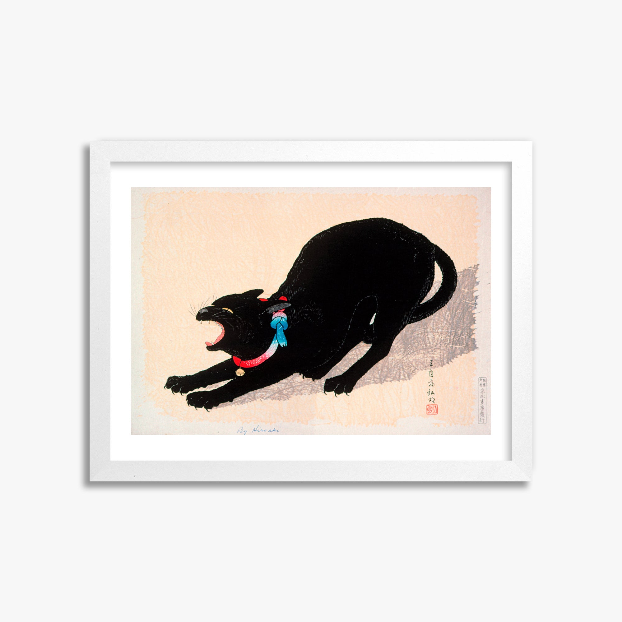Takahashi Hiroaki (Shōtei): Black Cat Hissing, 30x40cm Framed Art Reproduction With White Frame