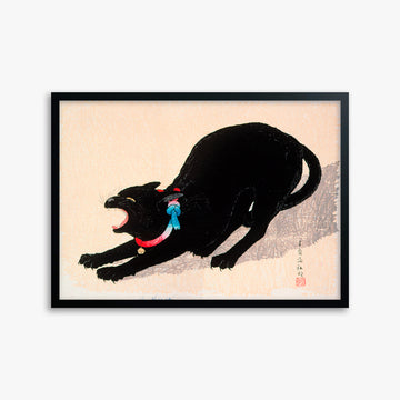 Takahashi Hiroaki (Shōtei): Black Cat Hissing, 50x70cm Framed Art Reproduction With Black Frame
