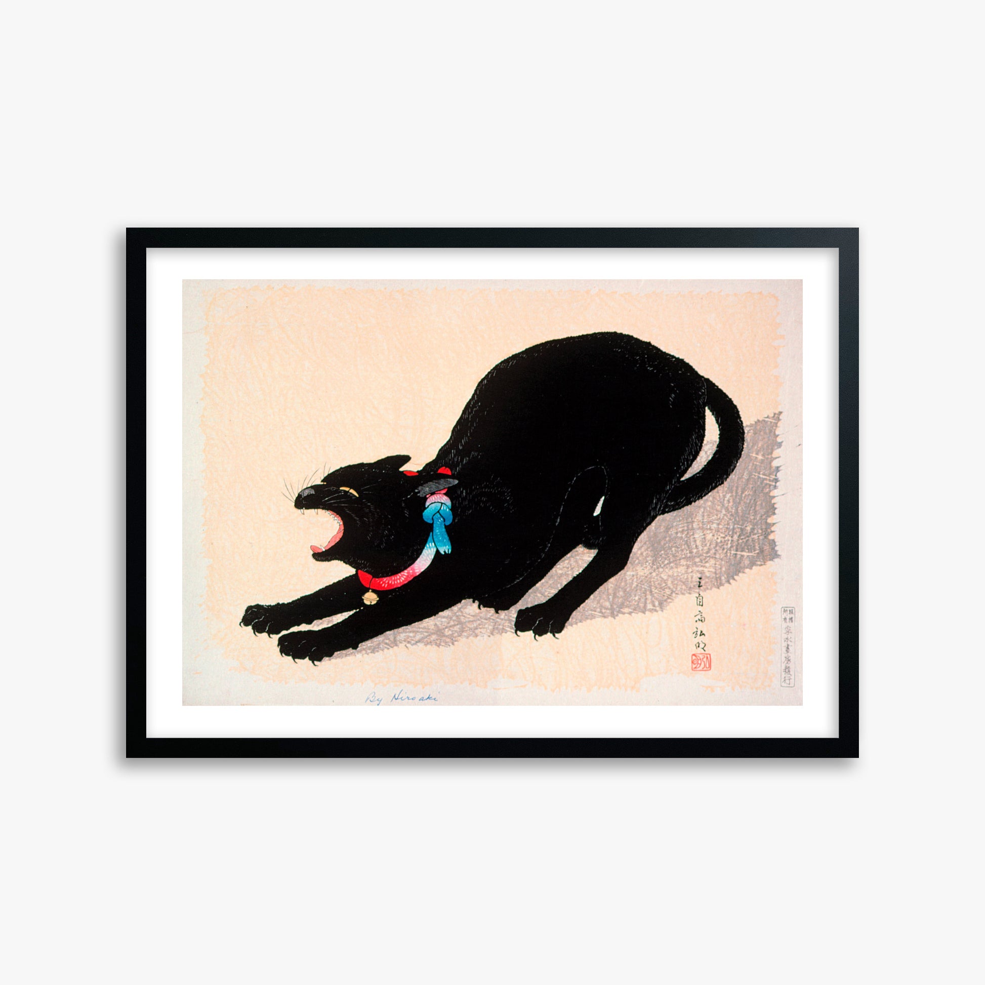 Takahashi Hiroaki (Shōtei): Black Cat Hissing, 50x70cm Framed Art Reproduction With Black Frame