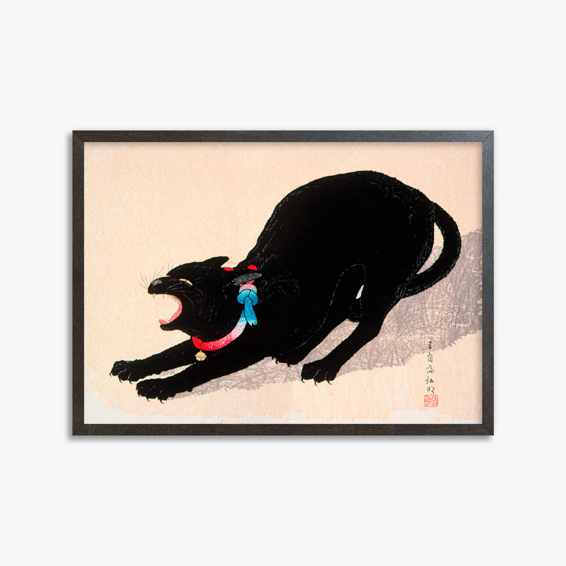 Takahashi Hiroaki (Shōtei): Black Cat Hissing, 50x70cm Framed Art Reproduction With Espresso Frame