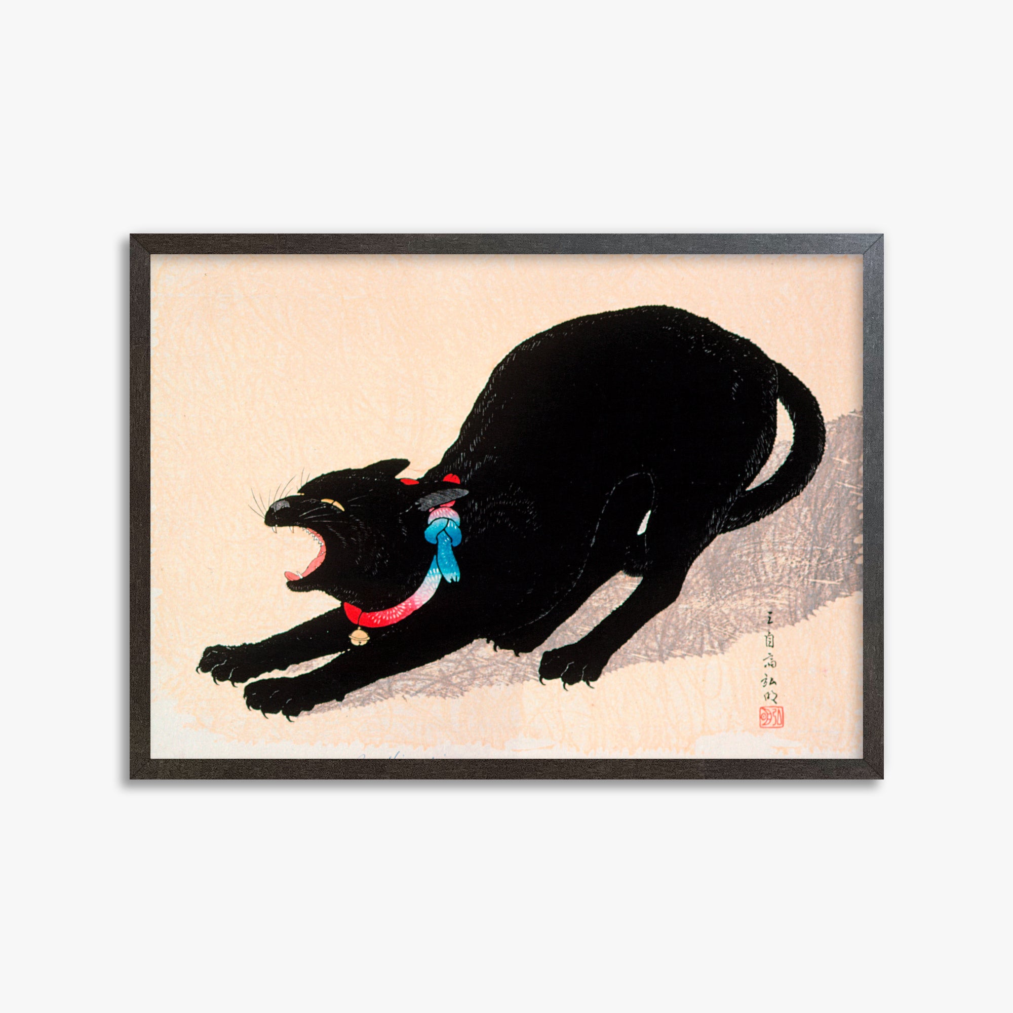 Takahashi Hiroaki (Shōtei): Black Cat Hissing, 50x70cm Framed Art Reproduction With Espresso Frame