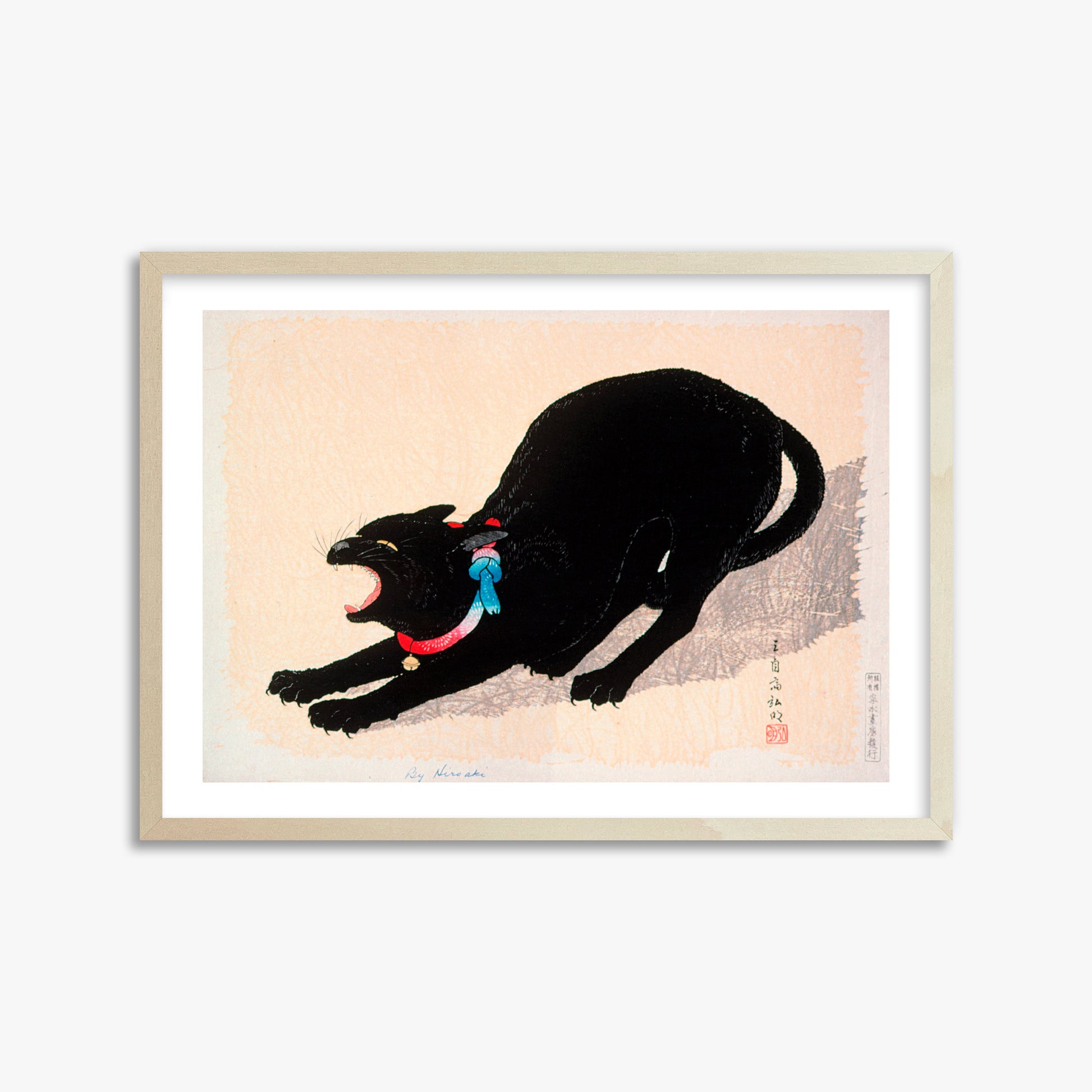 Takahashi Hiroaki (Shōtei): Black Cat Hissing, 50x70cm Framed Art Reproduction With Lime Wood Frame