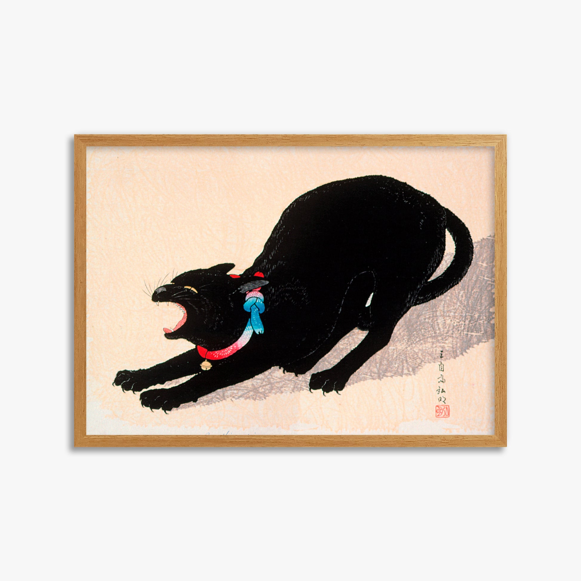 Takahashi Hiroaki (Shōtei): Black Cat Hissing, 50x70cm Framed Art Reproduction With Oak Frame