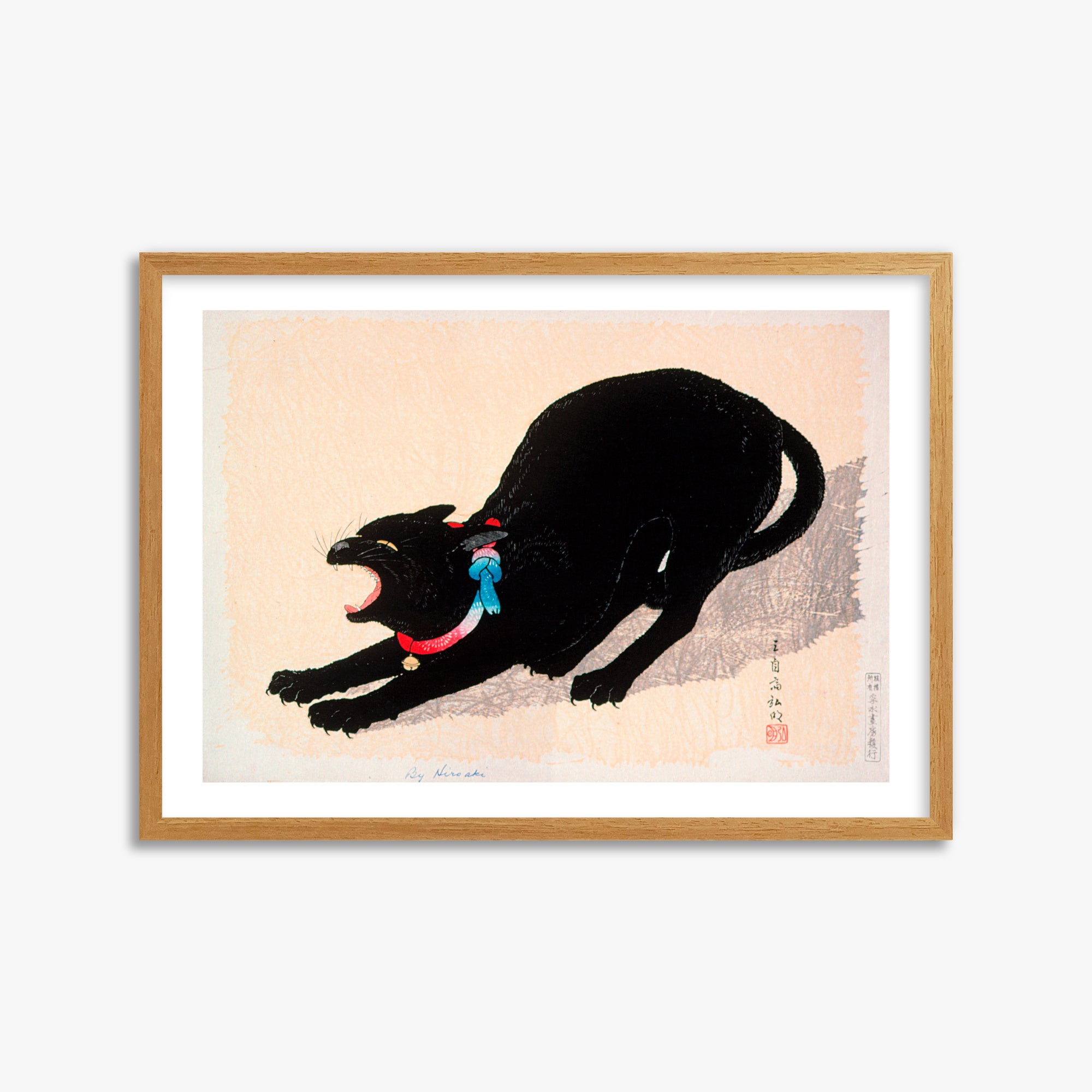 Takahashi Hiroaki (Shōtei): Black Cat Hissing, 50x70cm Framed Art Reproduction With Oak Frame