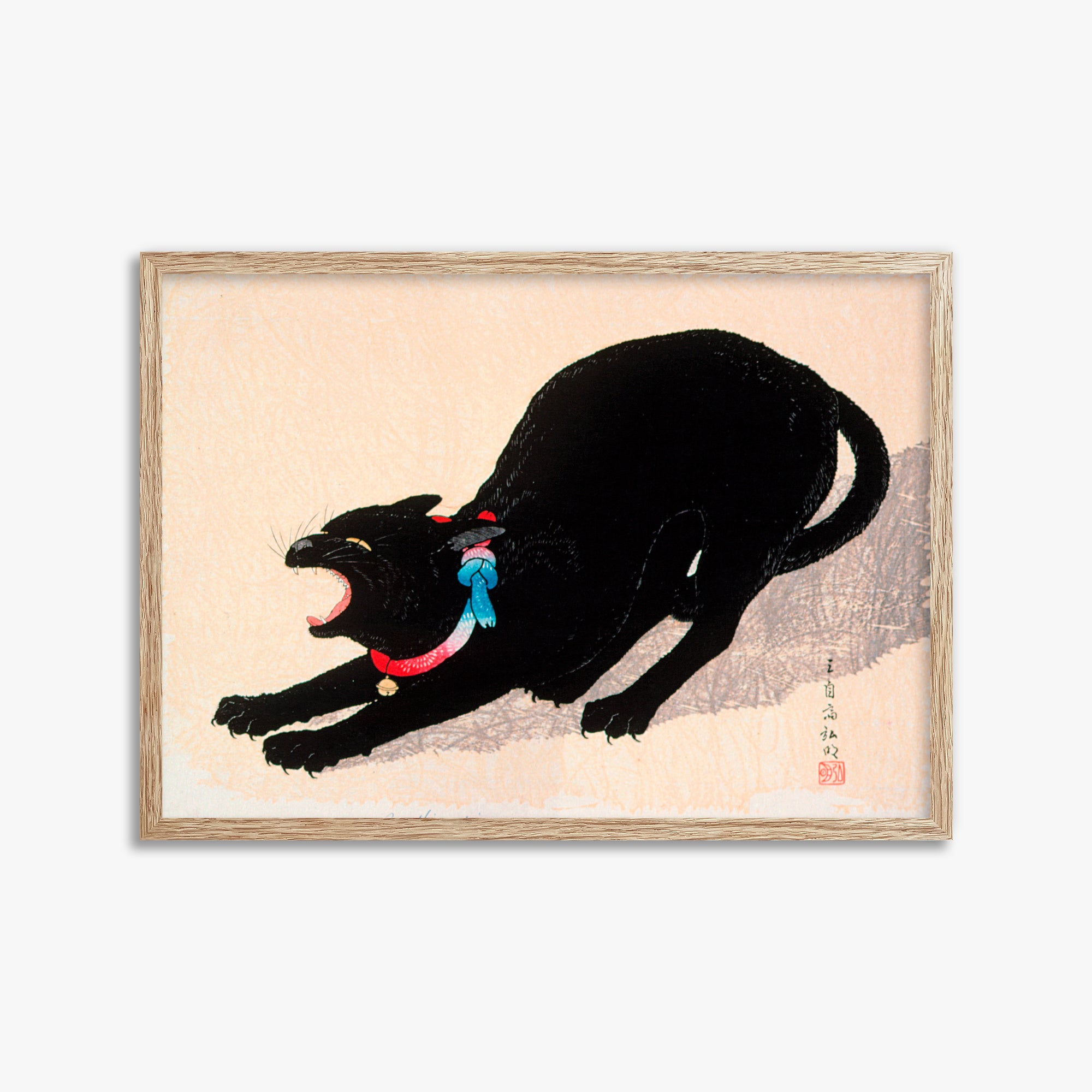 Takahashi Hiroaki (Shōtei): Black Cat Hissing, 50x70cm Framed Art Reproduction With Raw Oak Frame