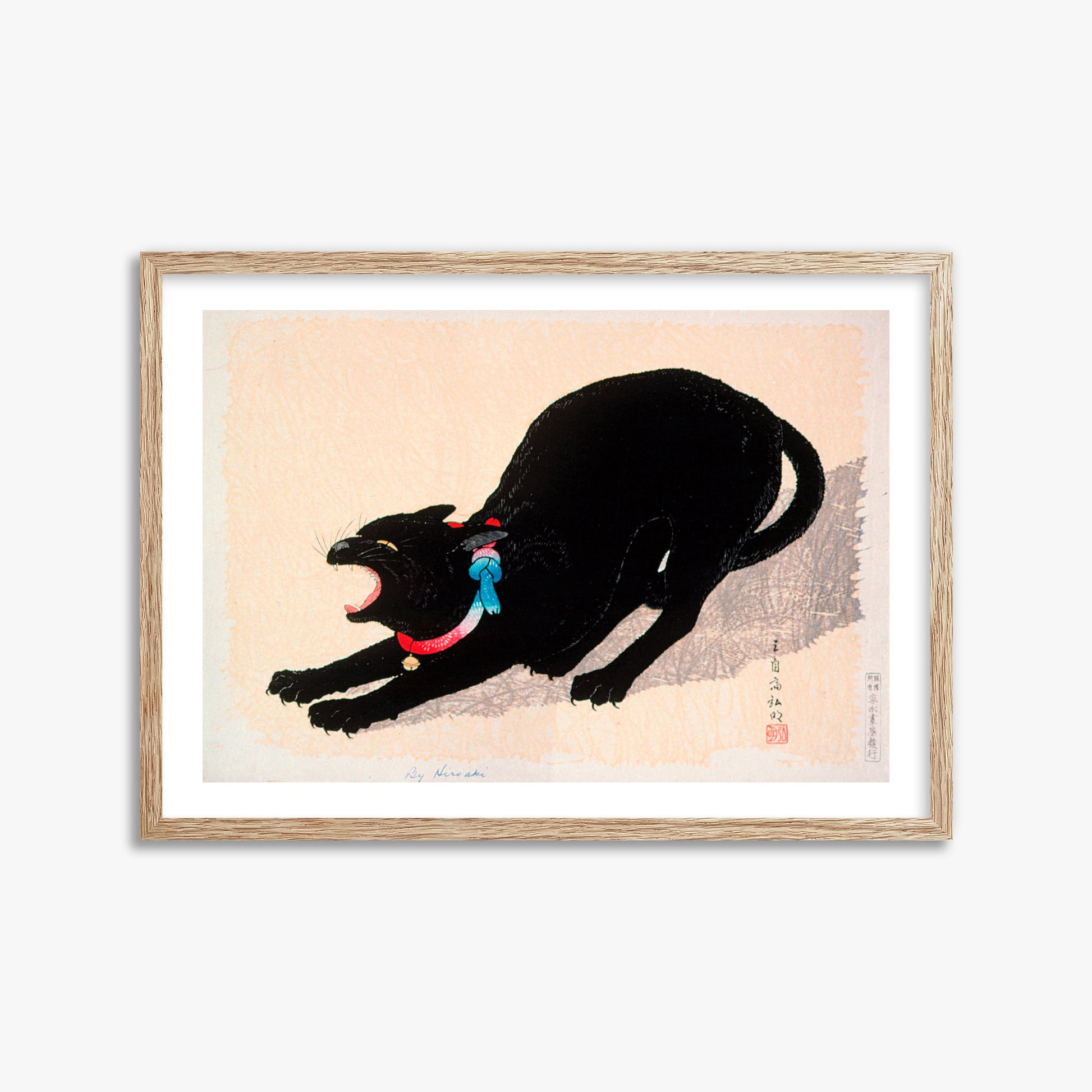 Takahashi Hiroaki (Shōtei): Black Cat Hissing, 50x70cm Framed Art Reproduction With Raw Oak Frame