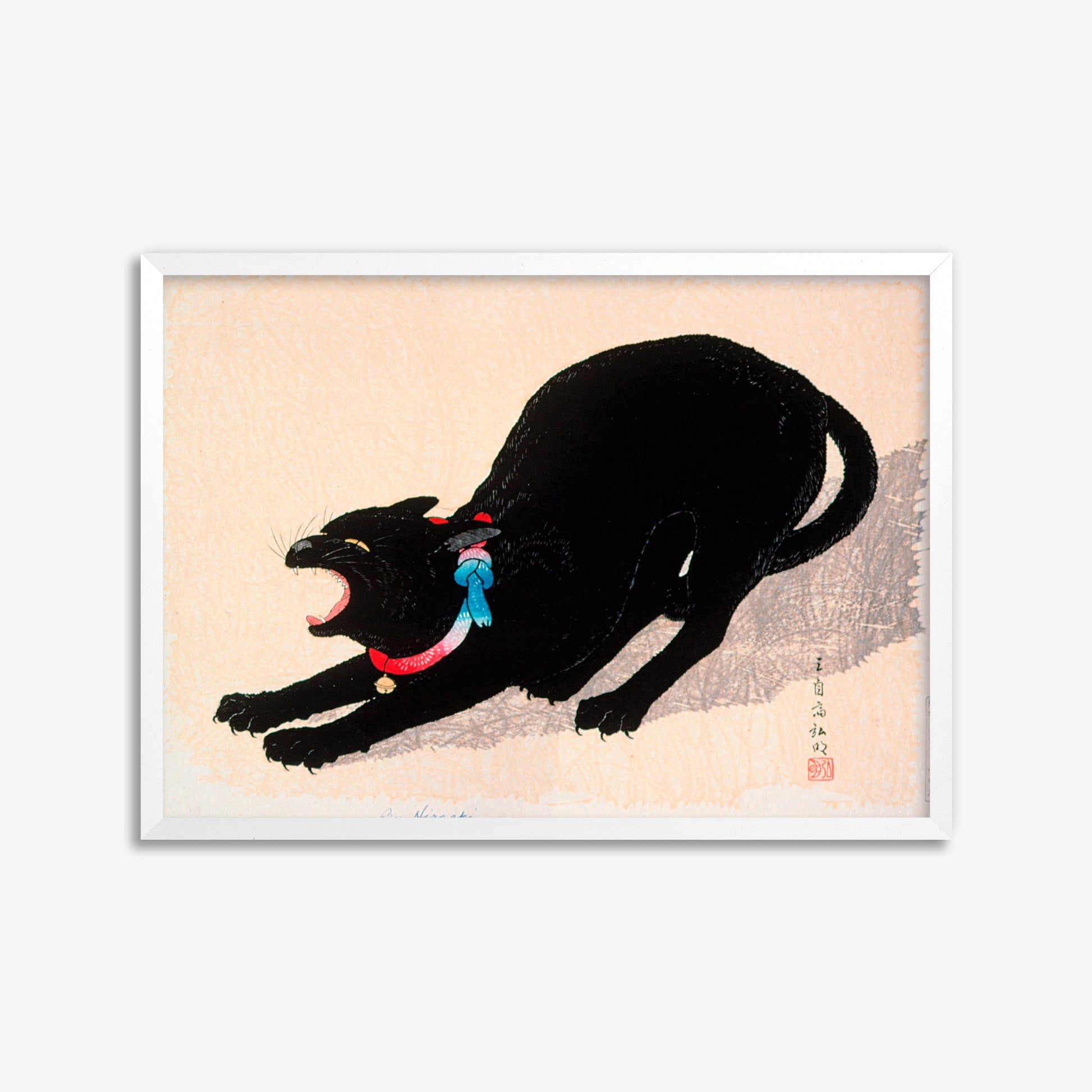 Takahashi Hiroaki (Shōtei): Black Cat Hissing, 50x70cm Framed Art Reproduction With White Frame
