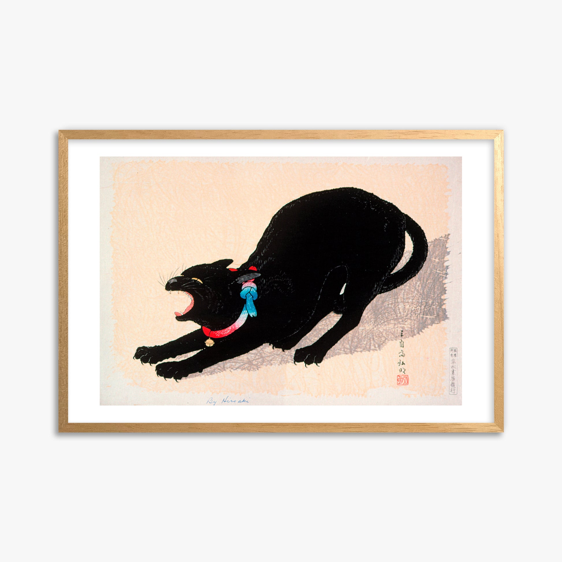 Takahashi Hiroaki (Shōtei): Black Cat Hissing, 61x91cm Framed Art Reproduction With Oak Frame
