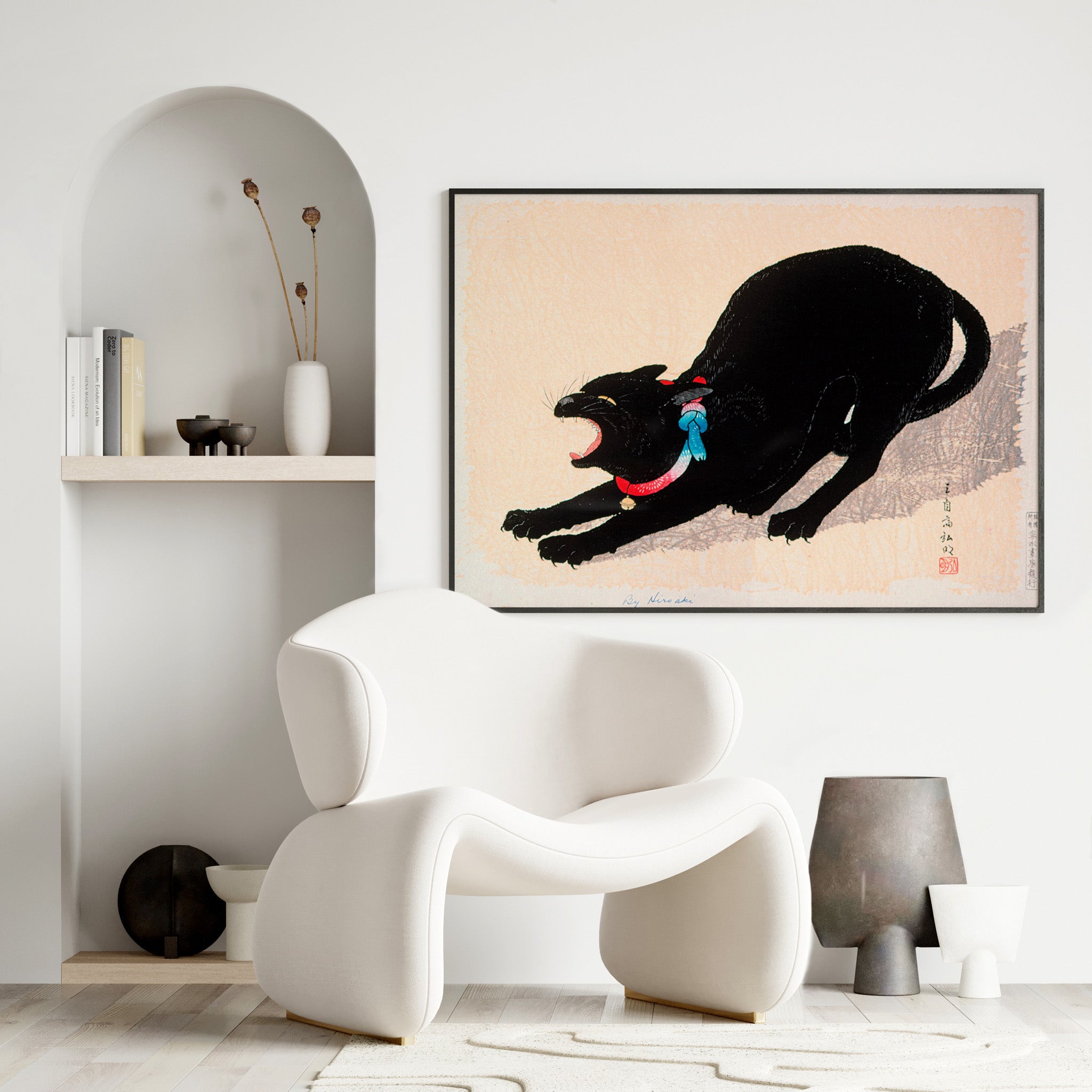 Black Cat Hissing — Takahashi Shōtei Woodblock Print | Japandi.Art