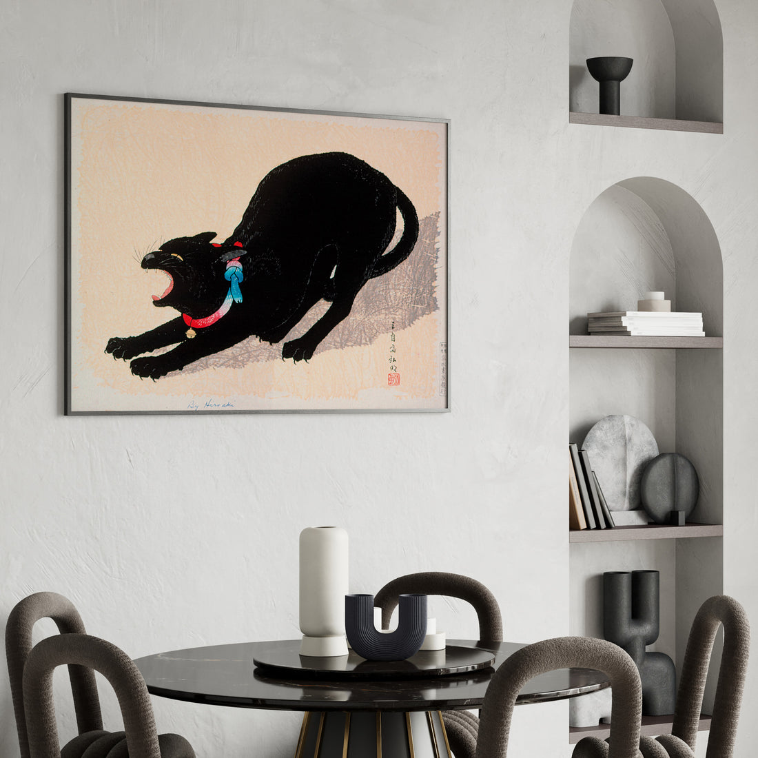 Takahashi Hiroaki (Shōtei): Black Cat Hissing, 50x70cm Framed Art Reproduction With Black Frame