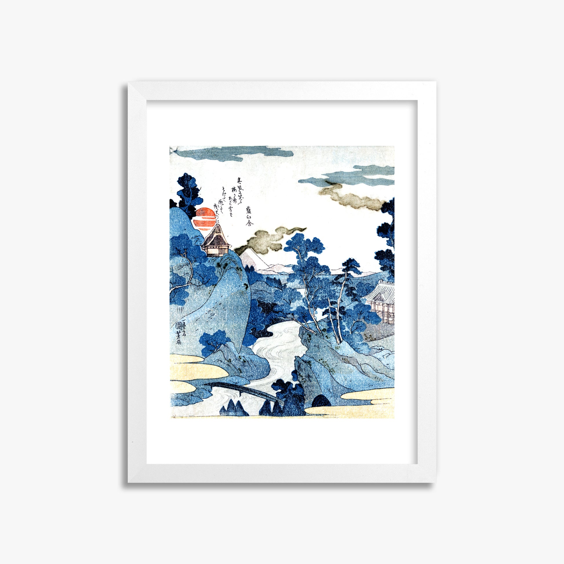 Utagawa Kuniyoshi: An evening view of Fuji, 30x40cm Framed Art Reproduction With White Frame