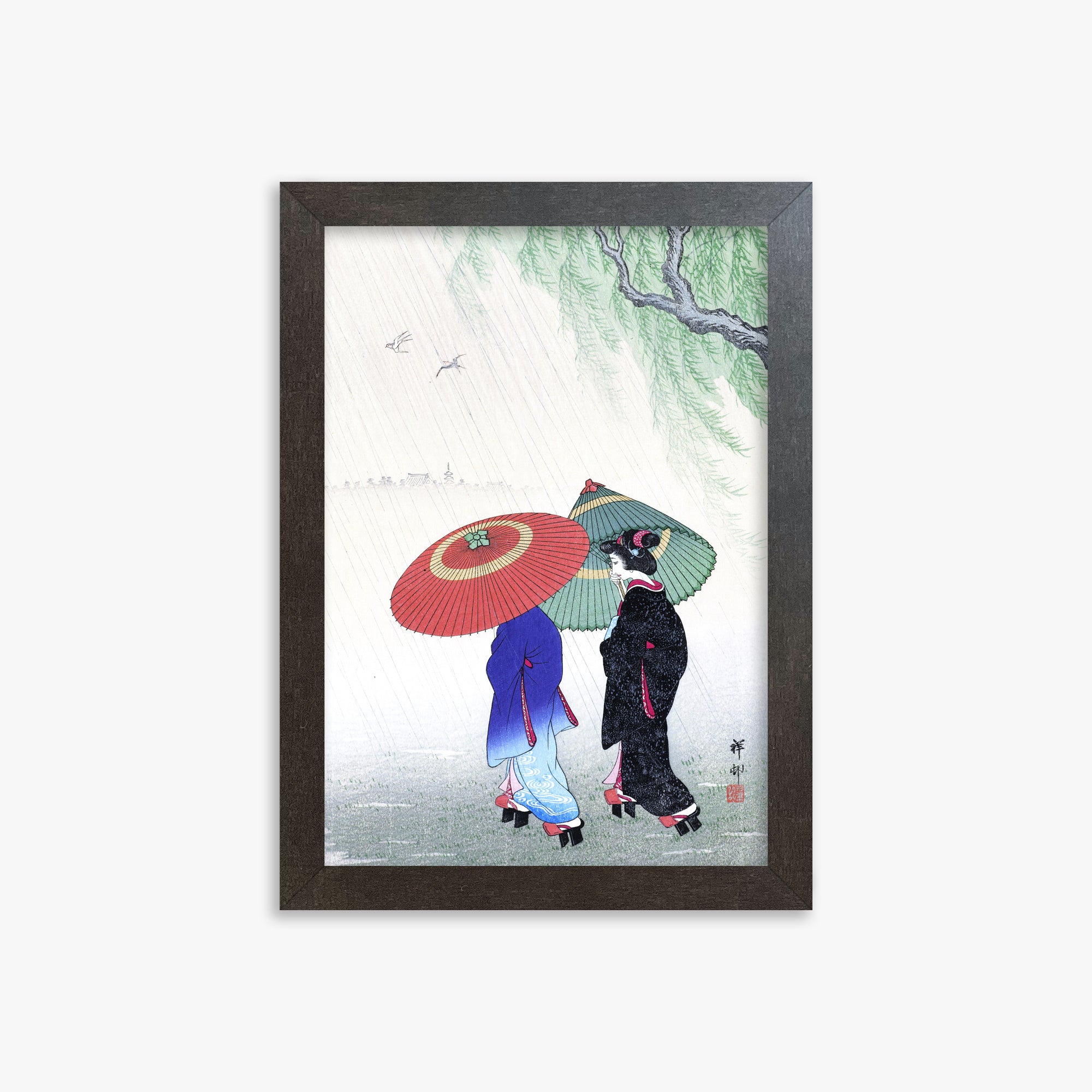 Ohara Koson: Two Women in the Rain, 21x30cm Framed Art Reproduction With Espresso Frame