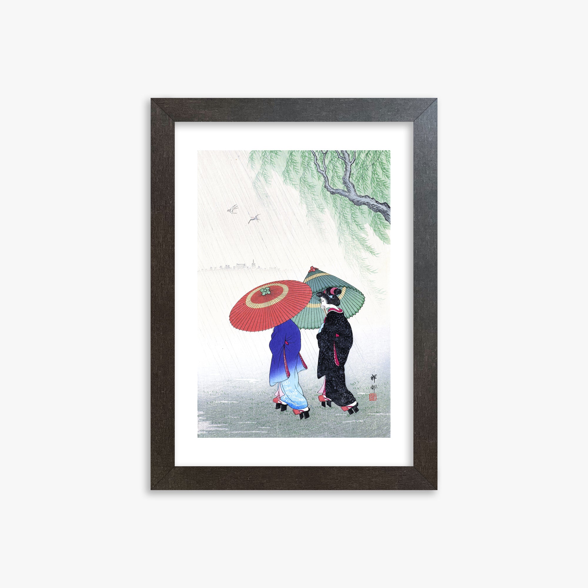 Ohara Koson: Two Women in the Rain, 21x30cm Framed Art Reproduction With Espresso Frame