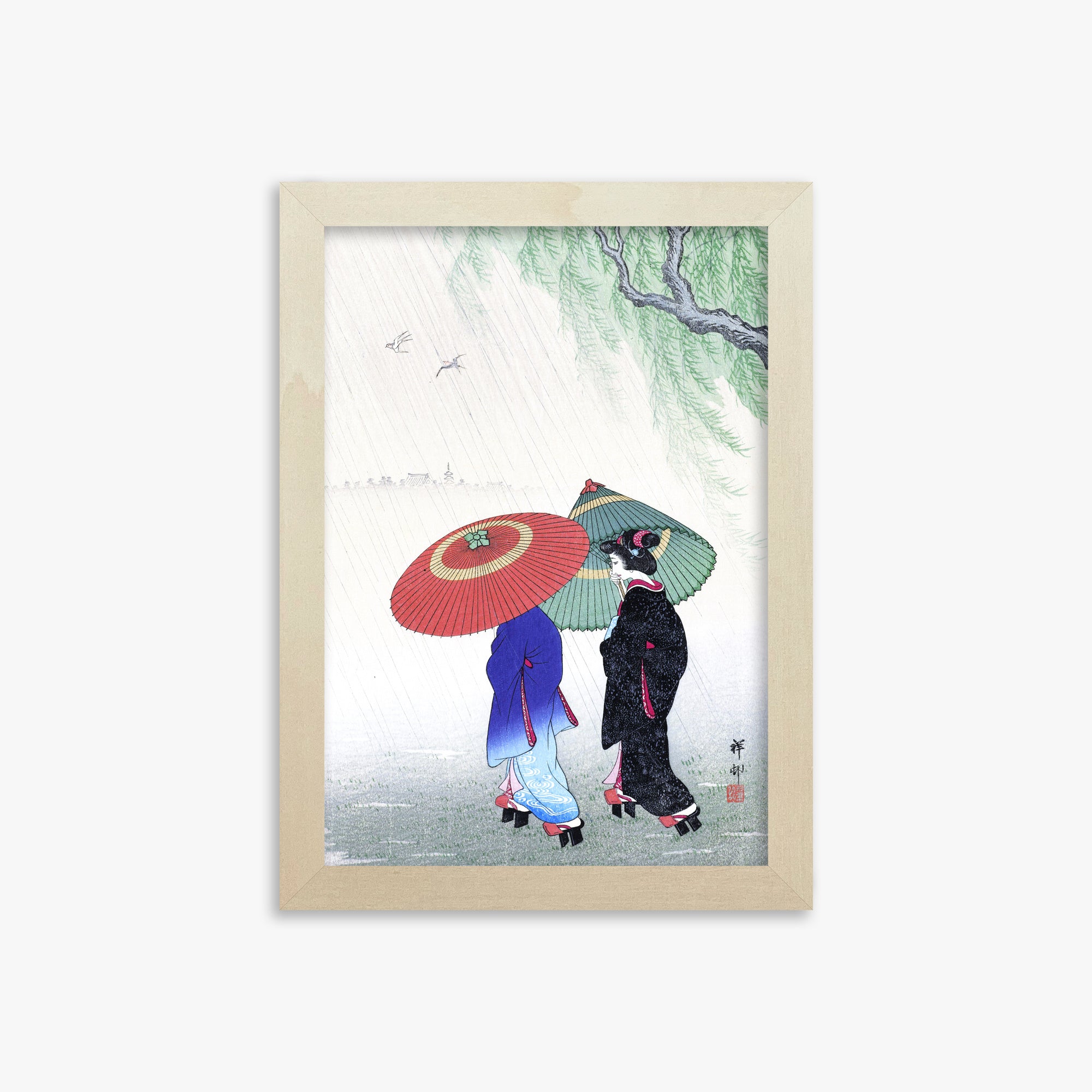 Ohara Koson: Two Women in the Rain, 21x30cm Framed Art Reproduction With Lime Wood Frame