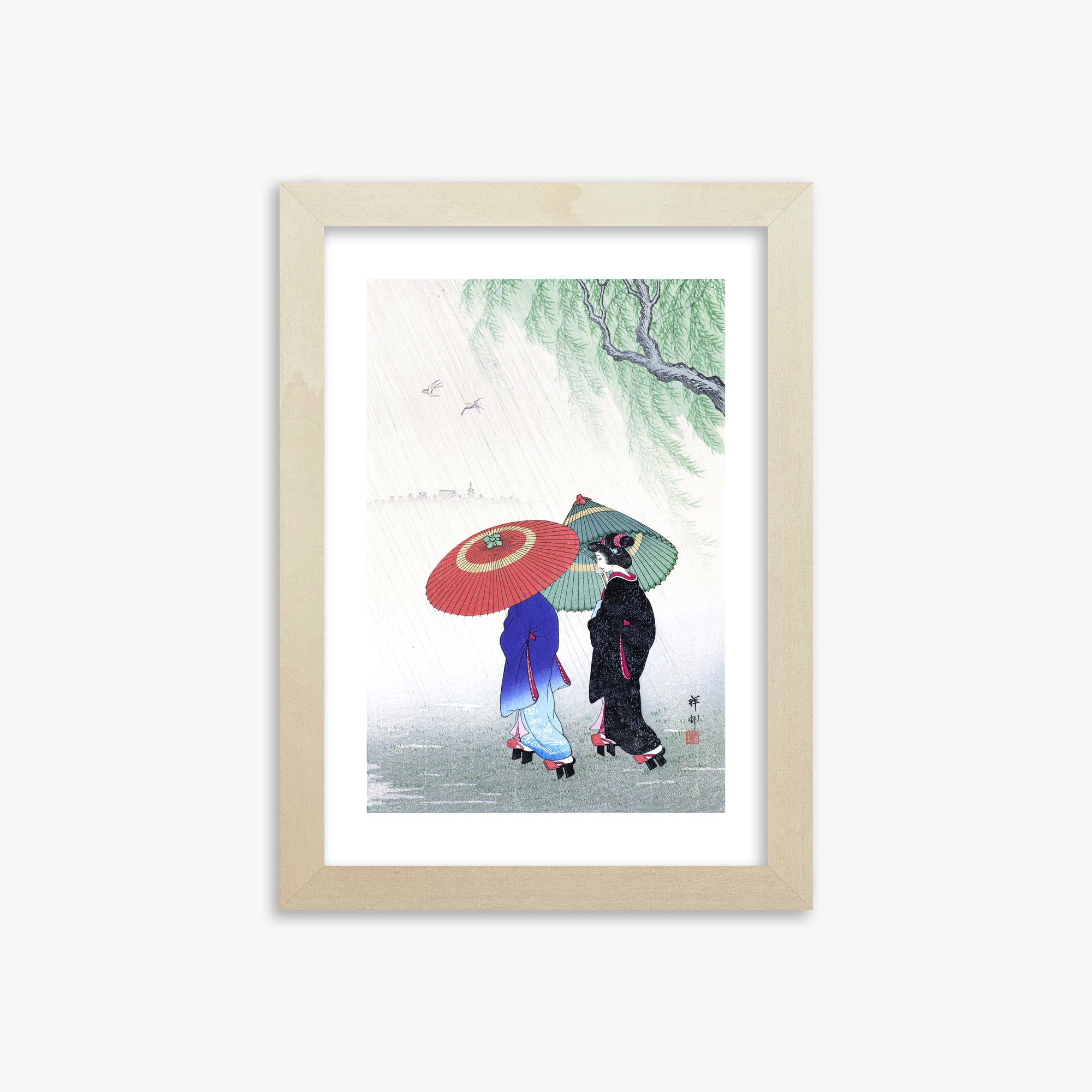 Ohara Koson: Two Women in the Rain, 21x30cm Framed Art Reproduction With Lime Wood Frame