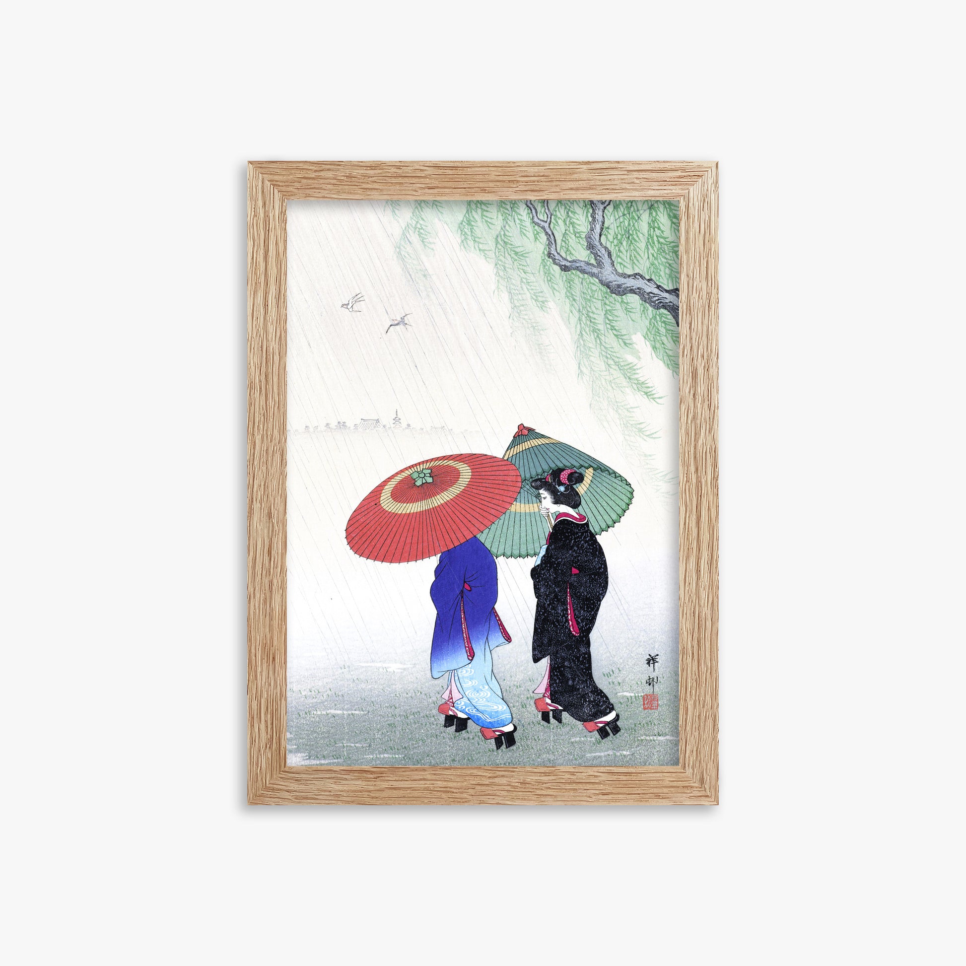 Ohara Koson: Two Women in the Rain, 21x30cm Framed Art Reproduction With Raw Oak Frame