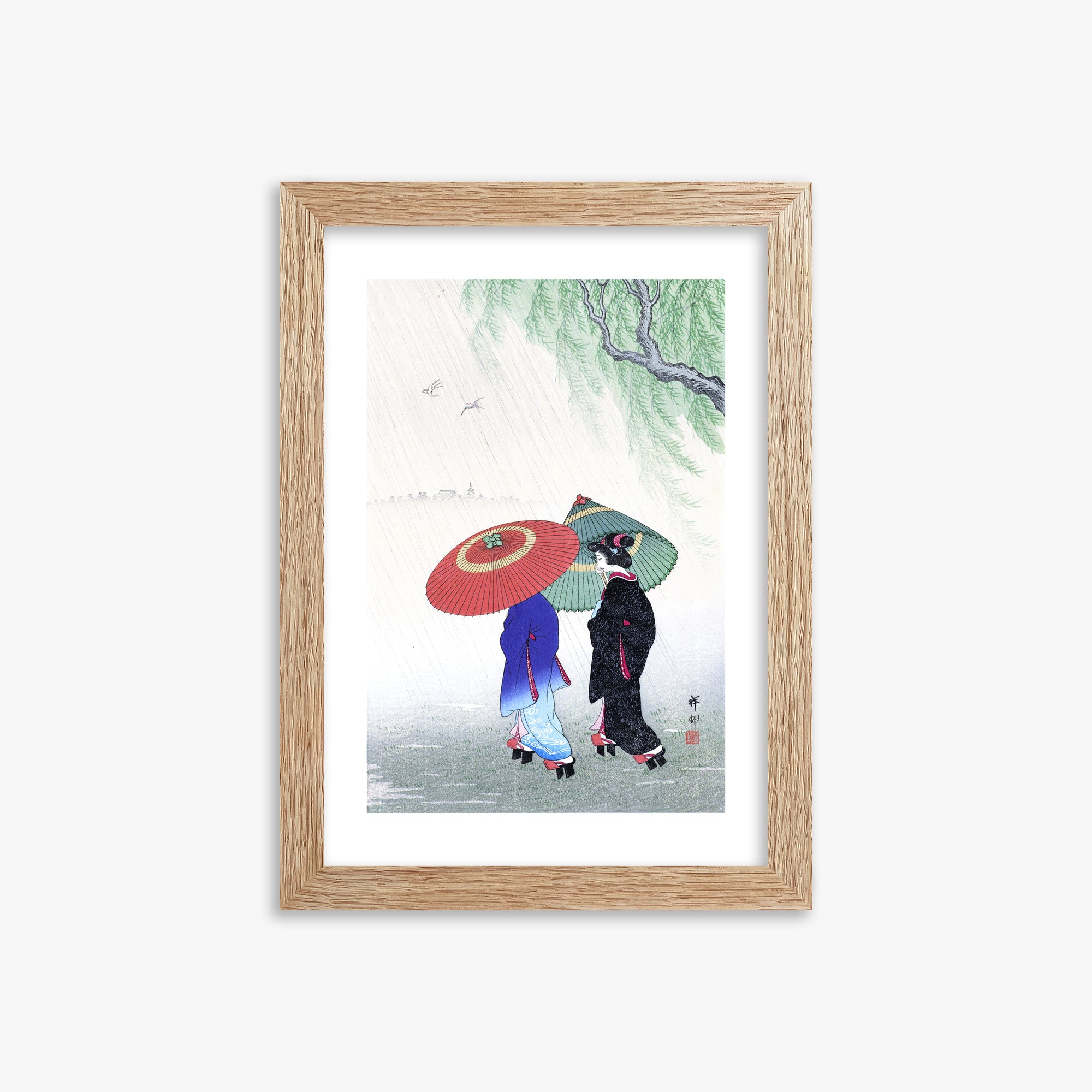 Ohara Koson: Two Women in the Rain, 21x30cm Framed Art Reproduction With Raw Oak Frame