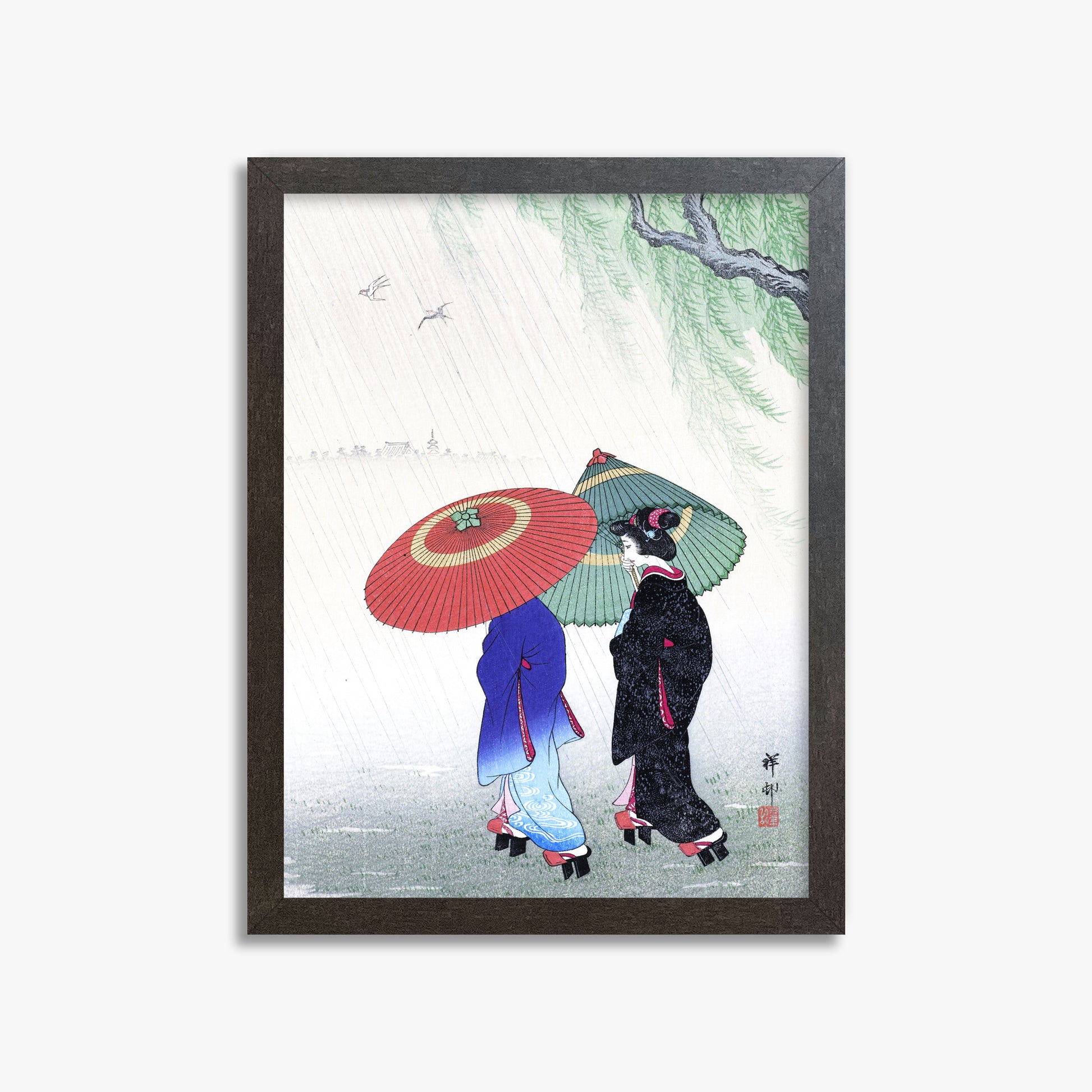 Ohara Koson: Two Women in the Rain, 30x40cm Framed Art Reproduction With Espresso Frame