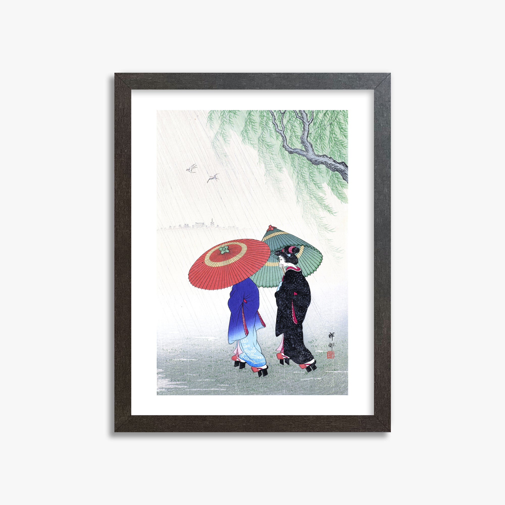 Ohara Koson: Two Women in the Rain, 30x40cm Framed Art Reproduction With Espresso Frame