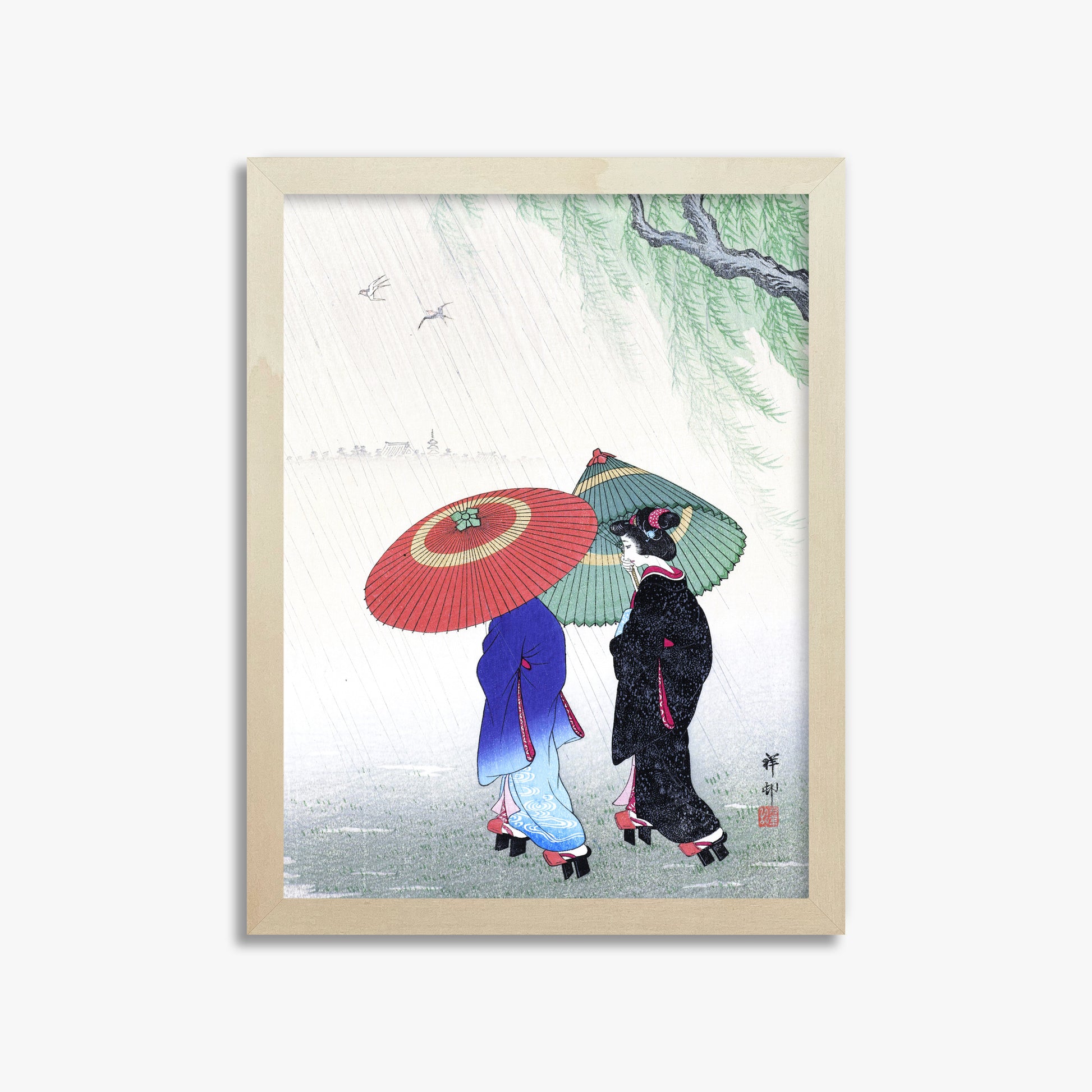 Ohara Koson: Two Women in the Rain, 30x40cm Framed Art Reproduction With Lime Wood Frame